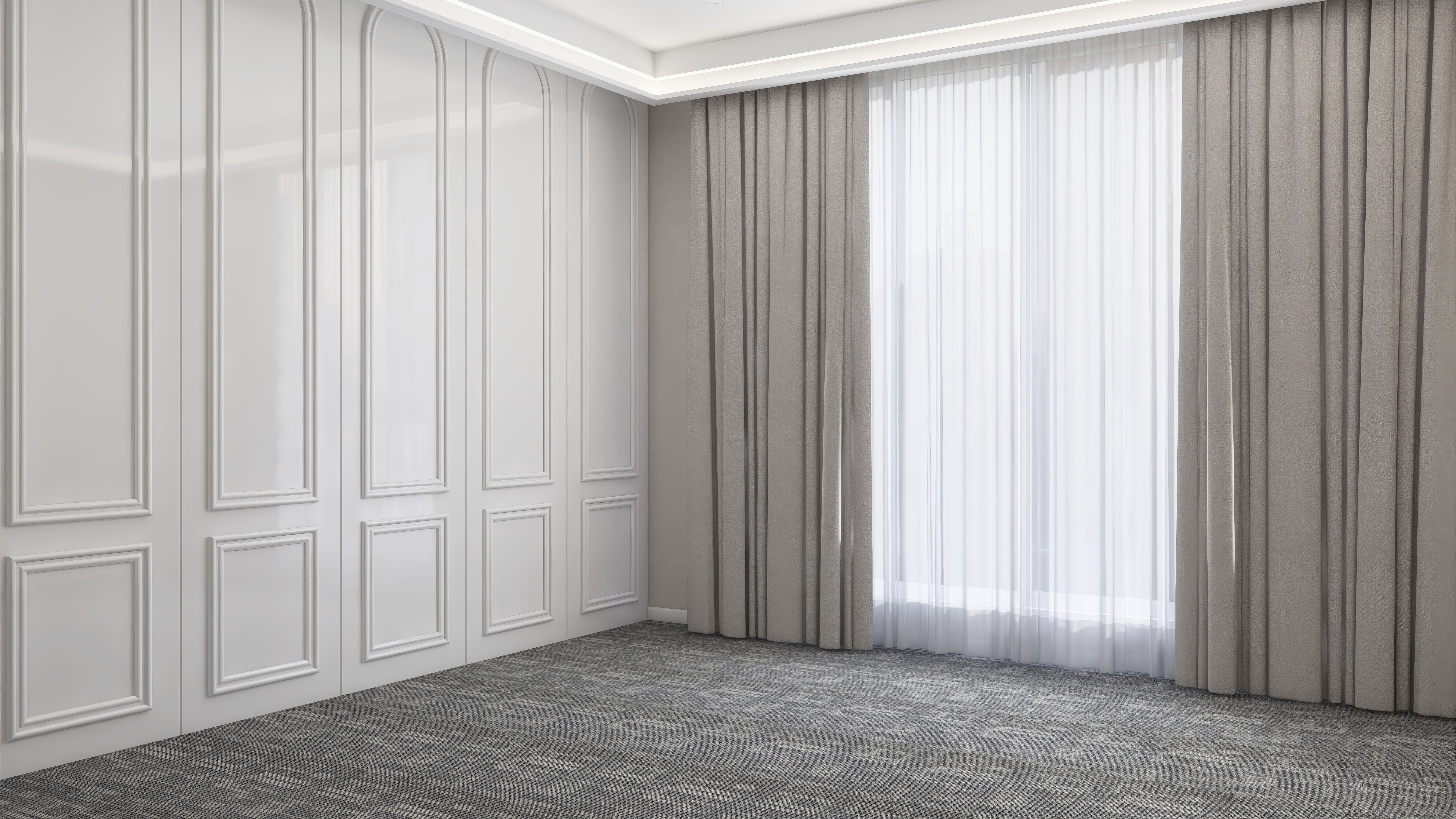 Empty room with white wainscot wall in sunlight from sheer, beige blackout curtain on black carpet floor for interior design decoration, product background 3D