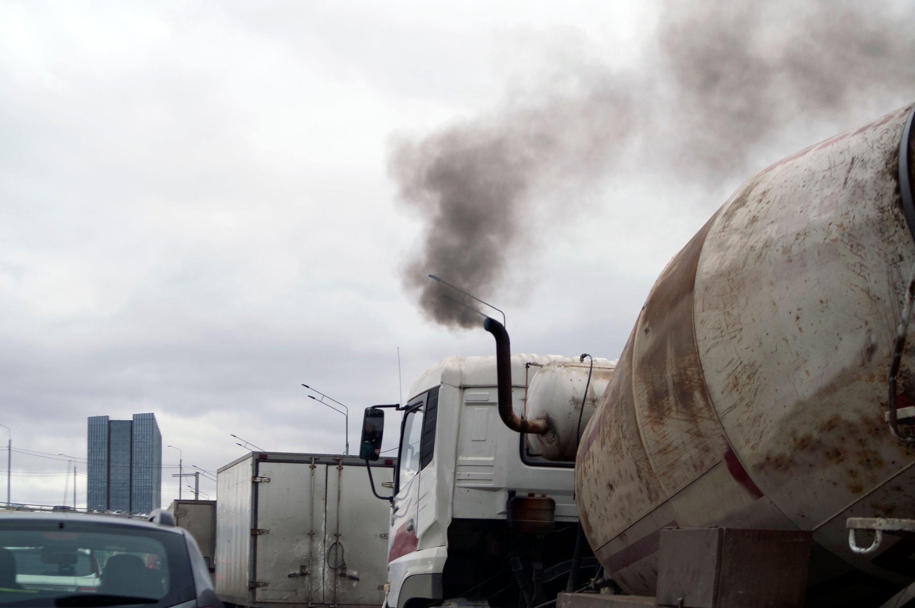 smoky truck on a road