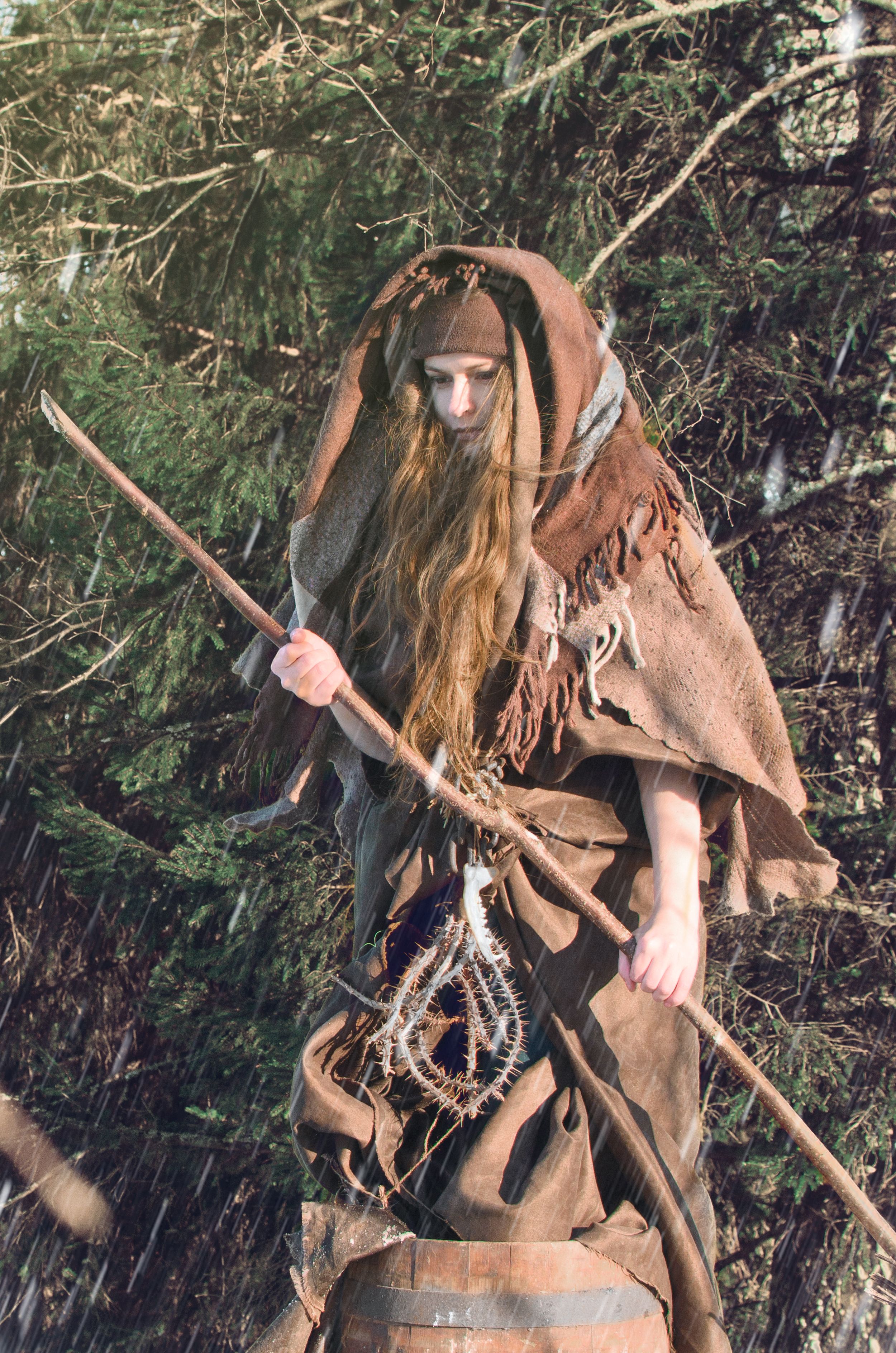 portrait of a shaggy, dishevelled and furious witch with a stick in his hands