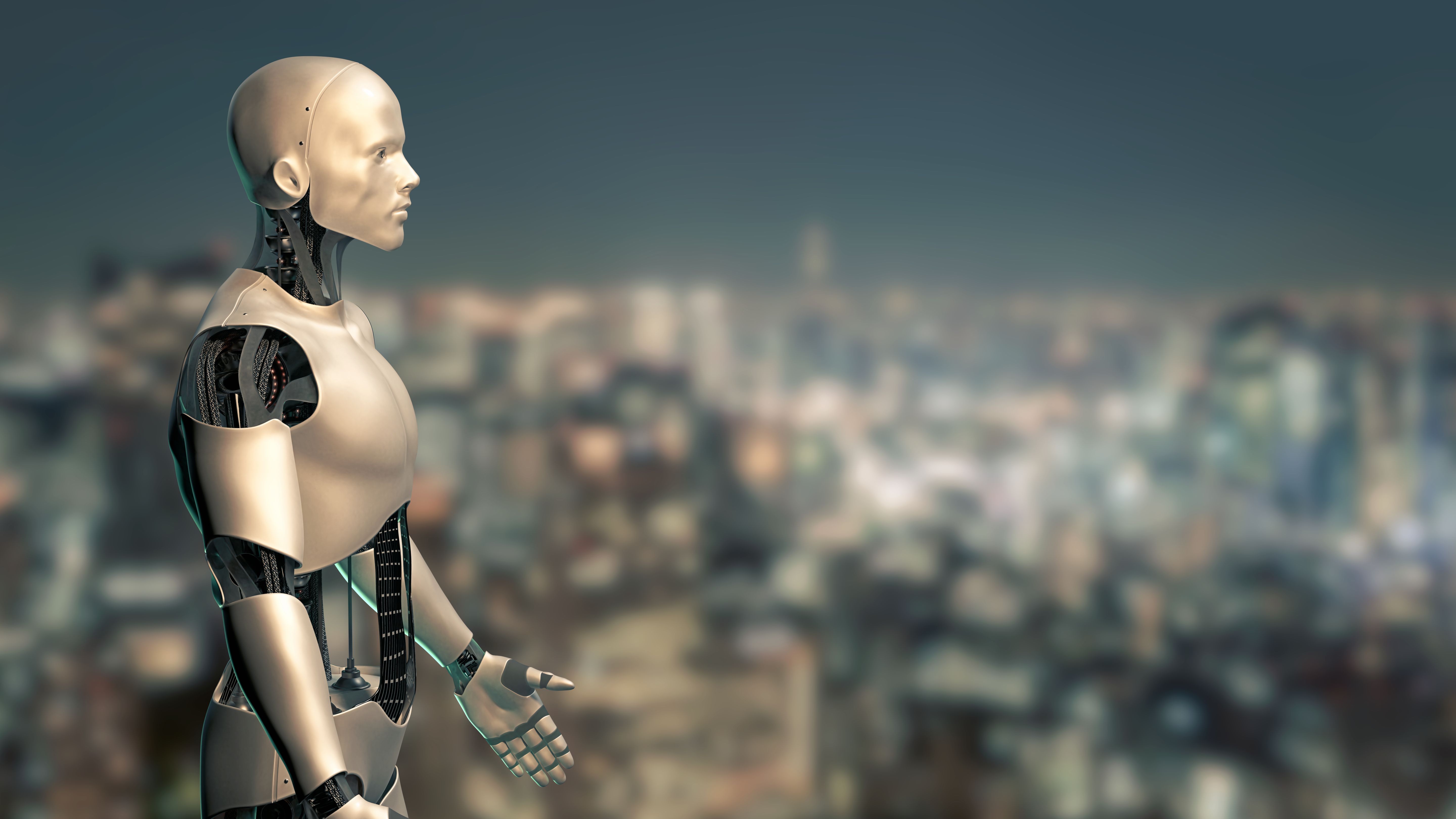 robot, humanoid machine using artificial intelligence in city enviroment (3d illustration)