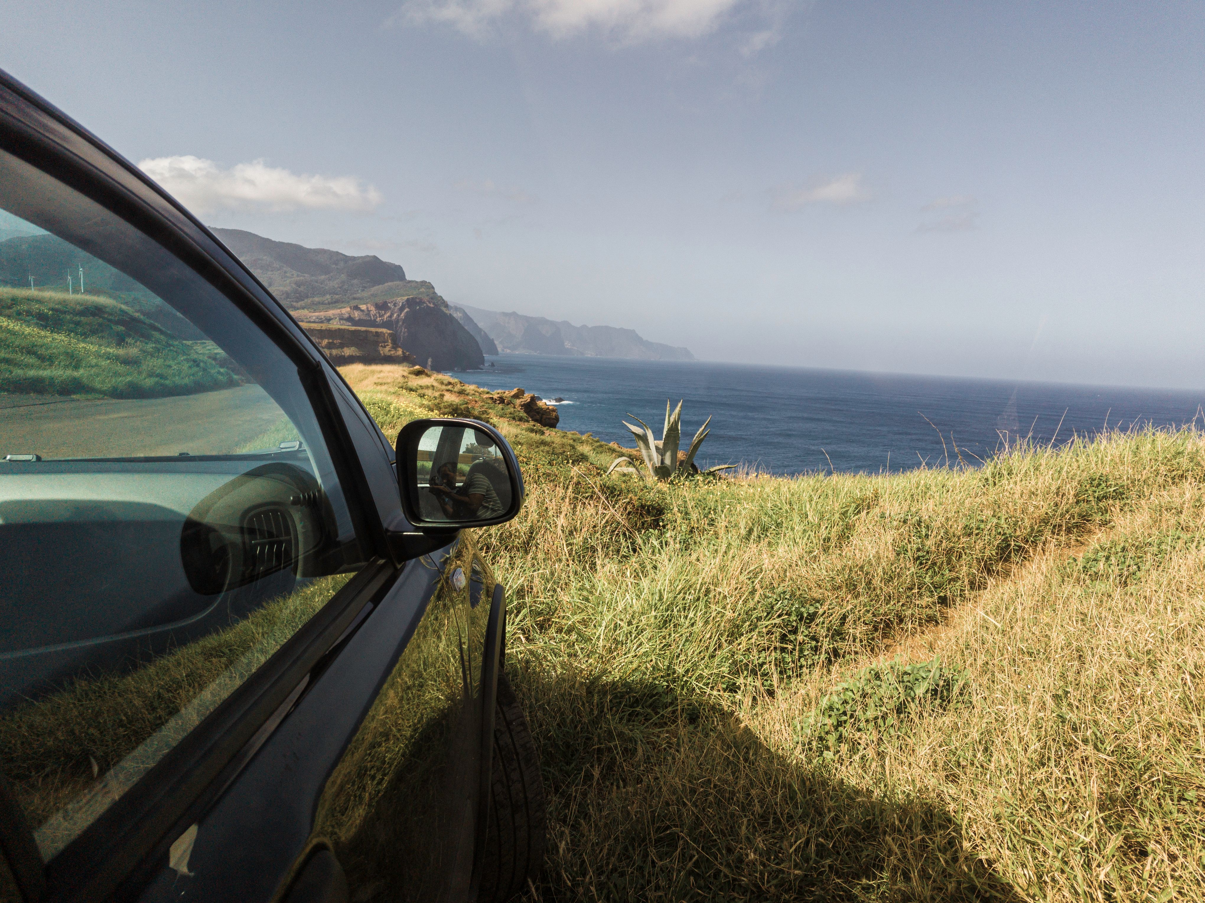 Car POV on the Coast in Madeira Overlooking Atlantic Ocean.