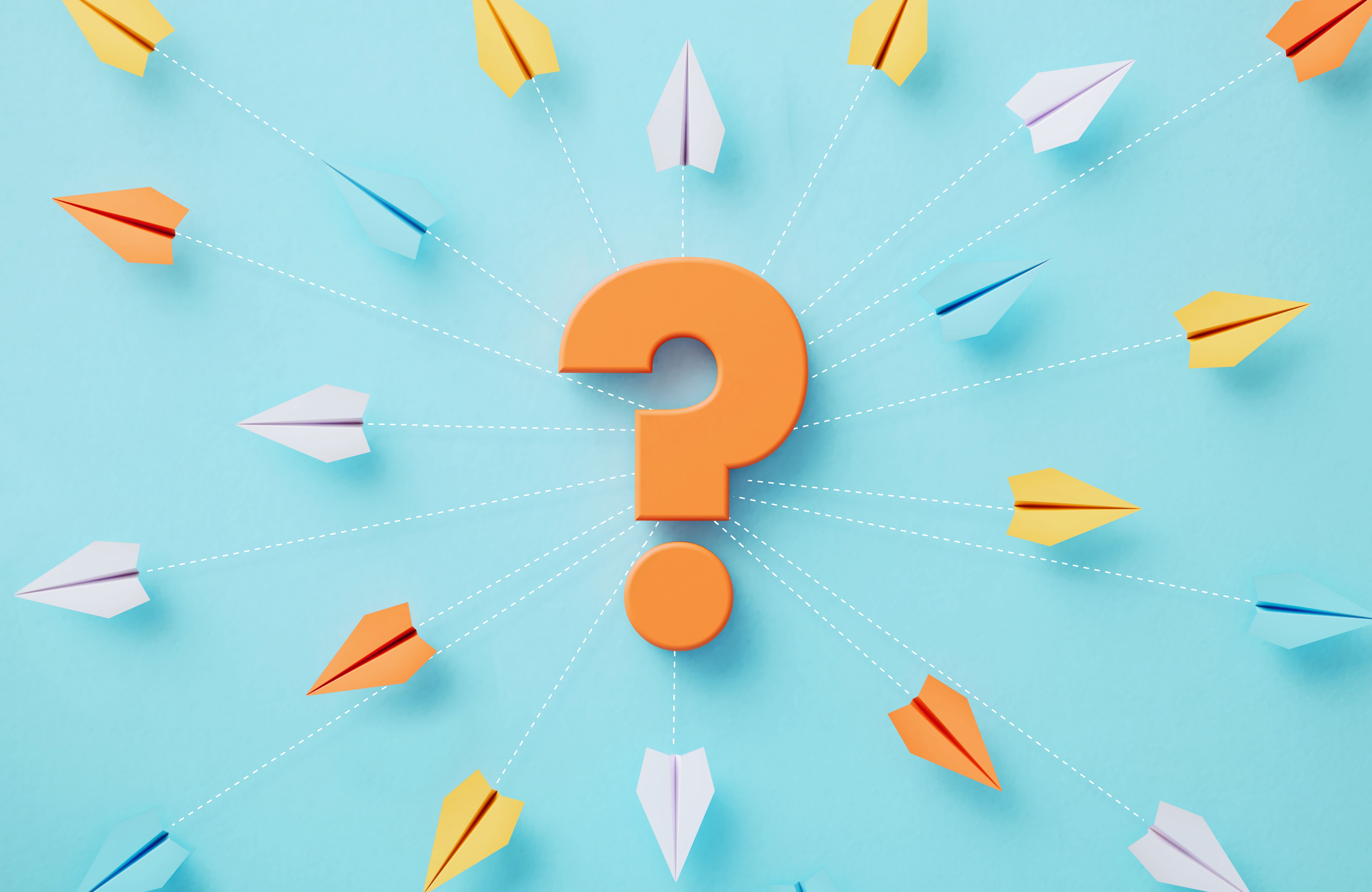 Paper Planes And Orange Question Mark Which Are Connected By Dotted Lines On Blue Background