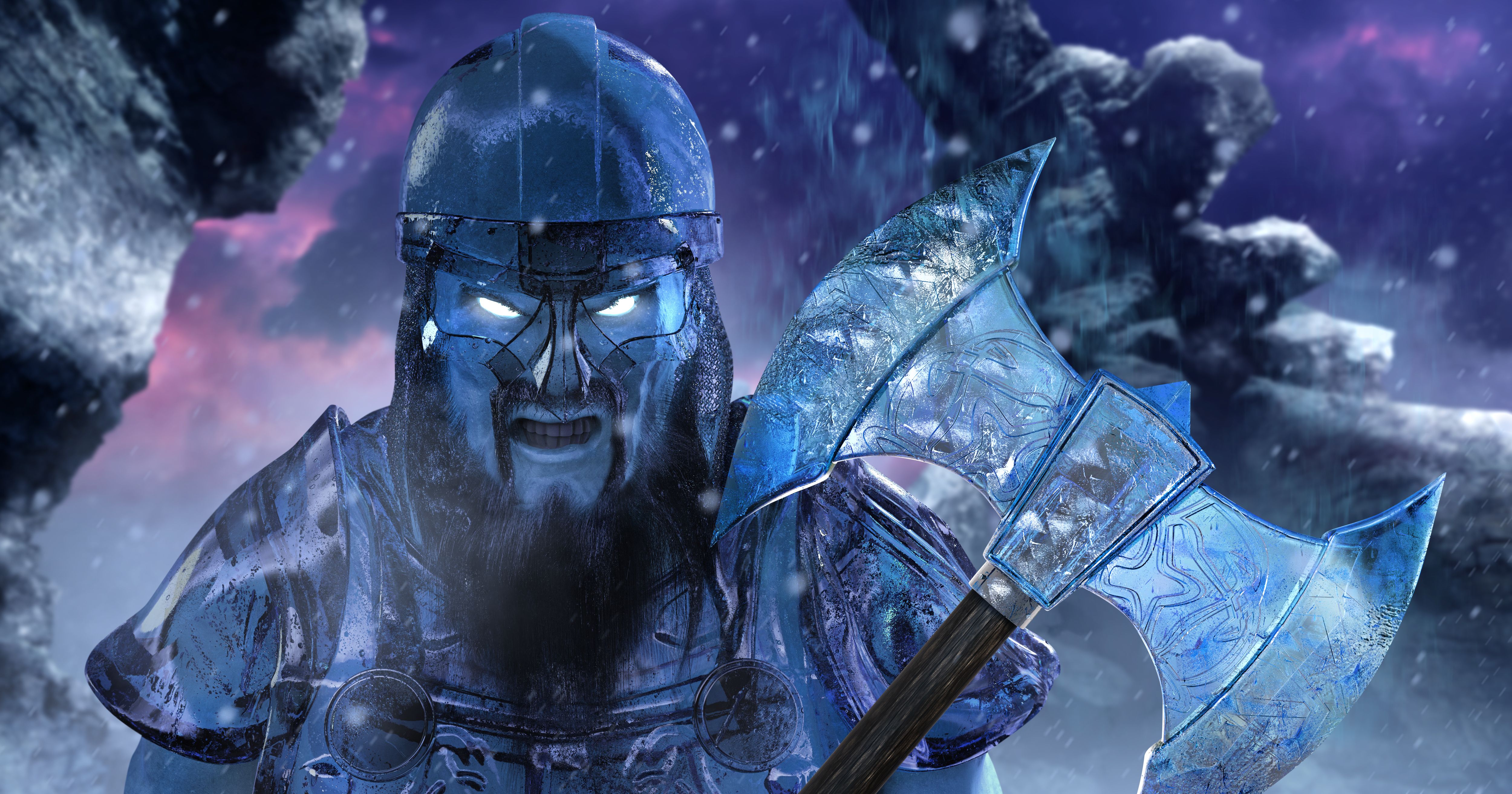 3d render illustration of ice viking demigod with axe.