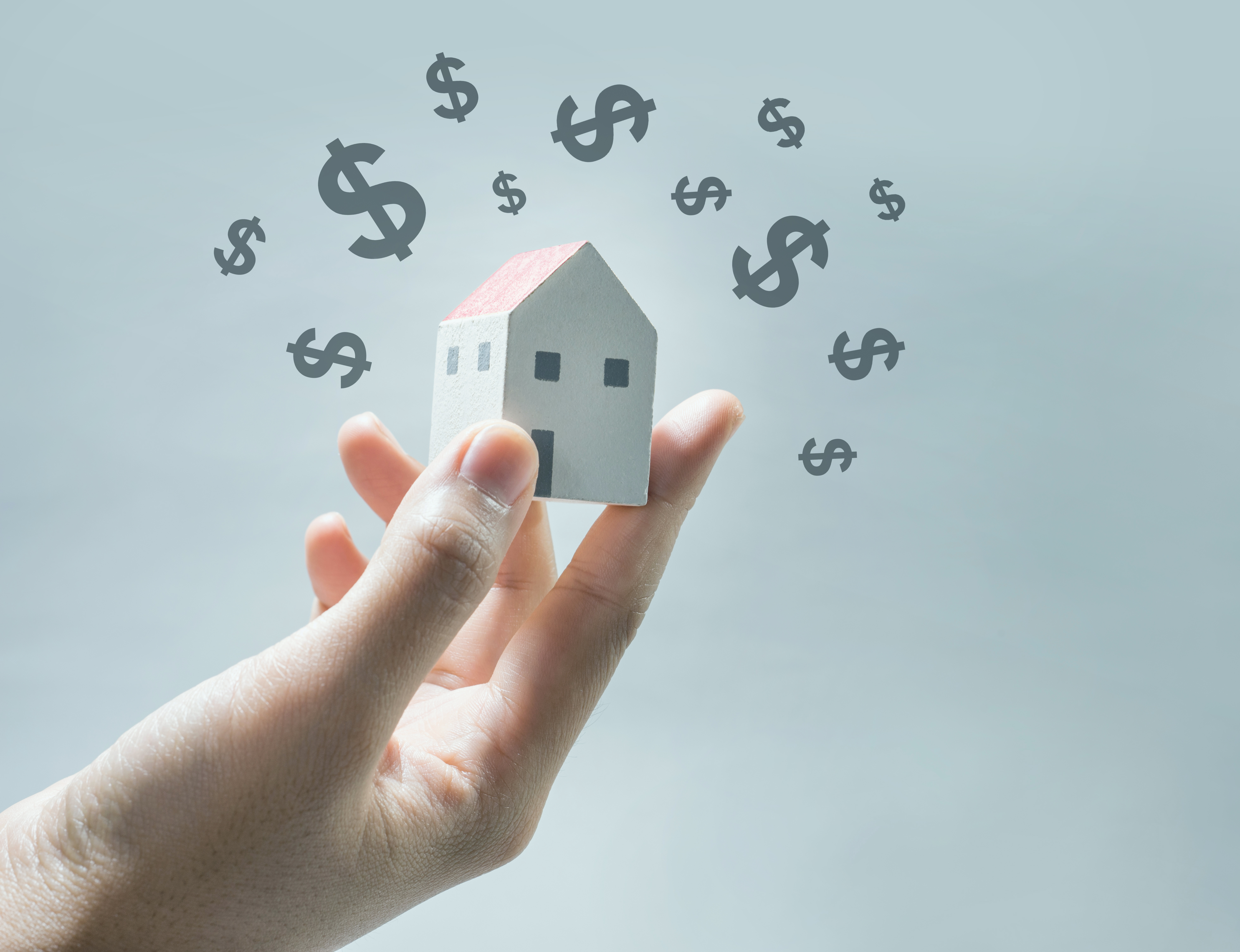 House model on human hands with dollar icon.