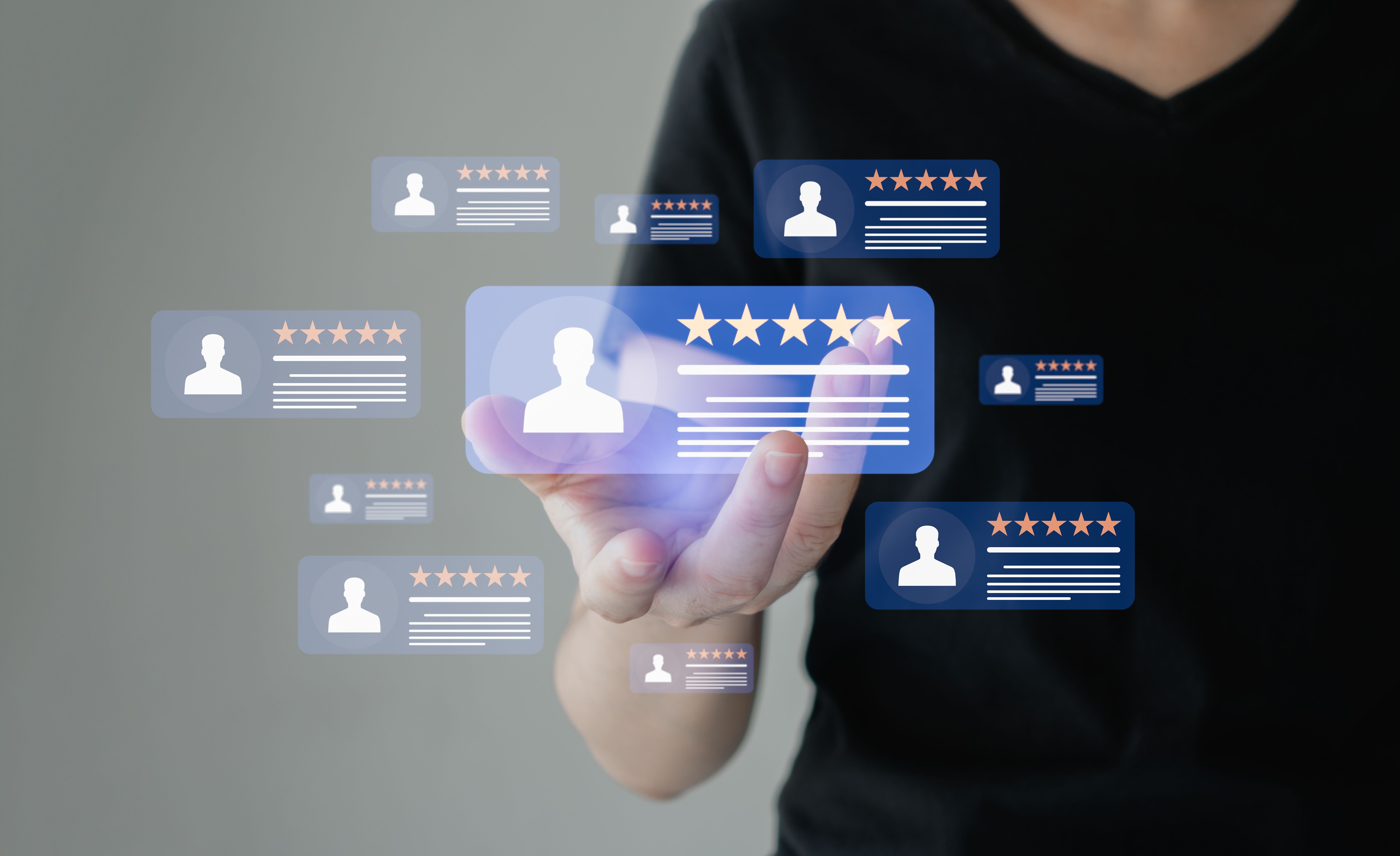 Customer review good rating concept. hand show five star icon on visual screen for positive customer feedback, testimonial and testimony, user comment and feedback for review.