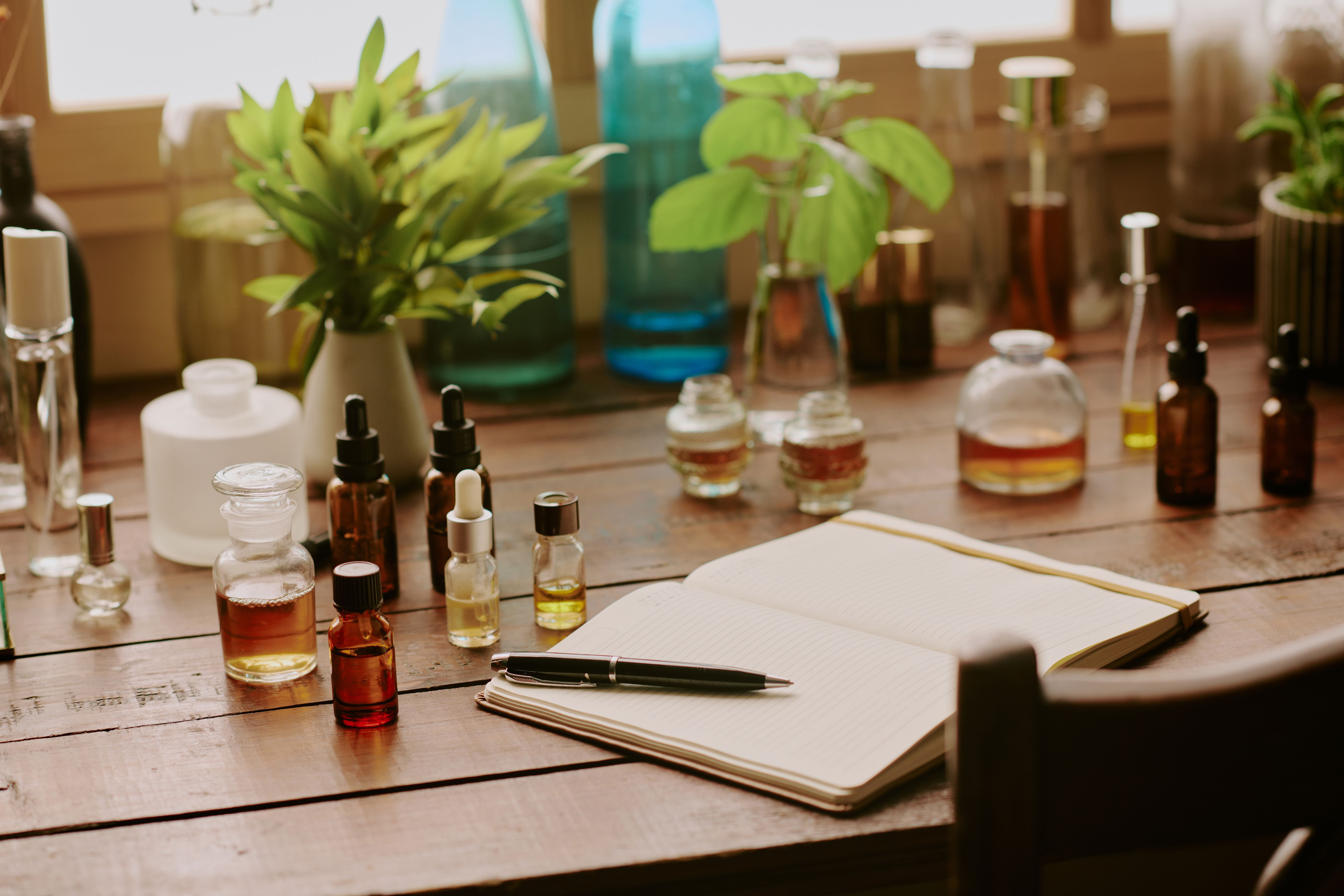 Wooden Table With Samples of Perfume