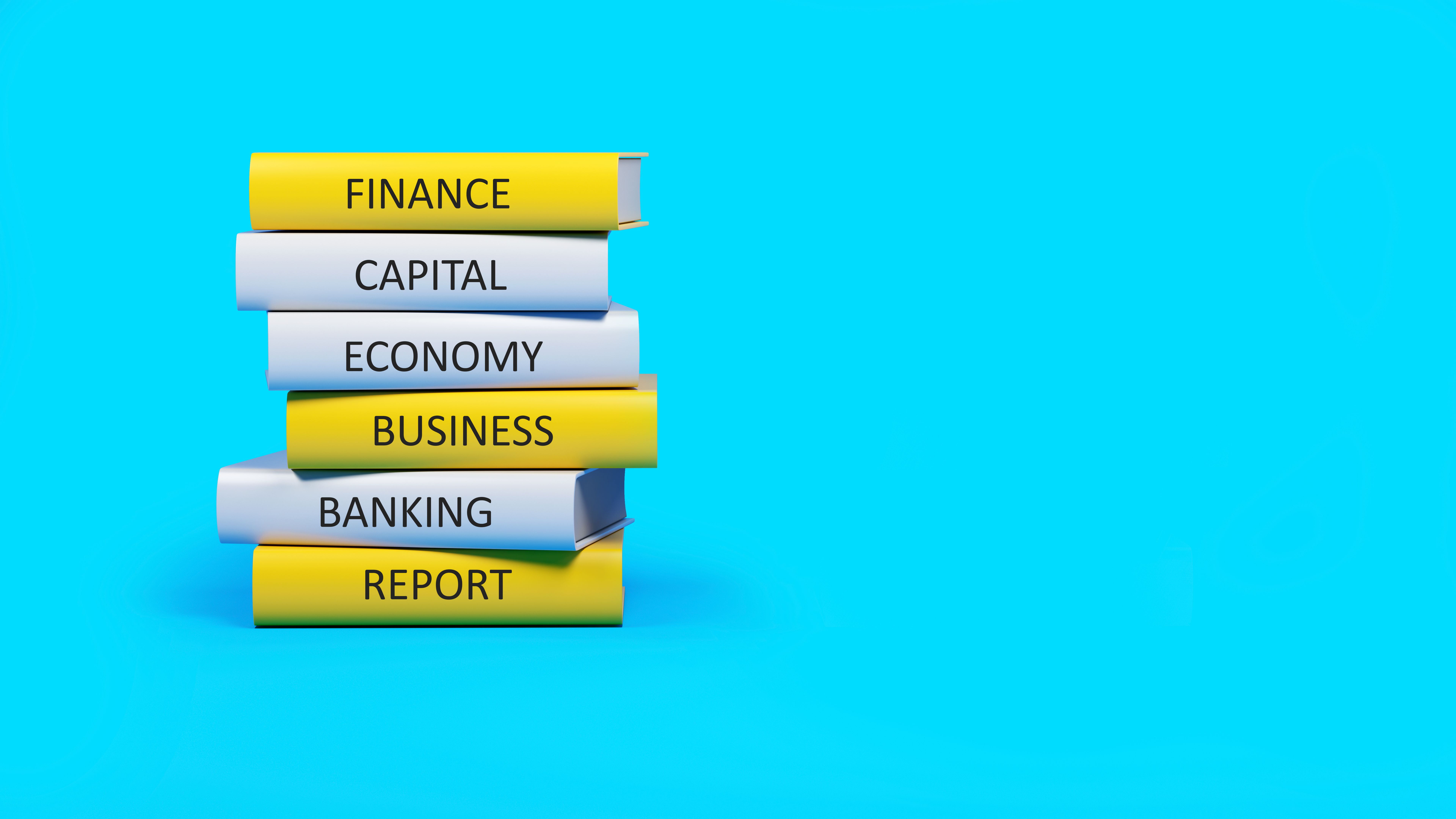 Yellow and white books listed under finance on blue background