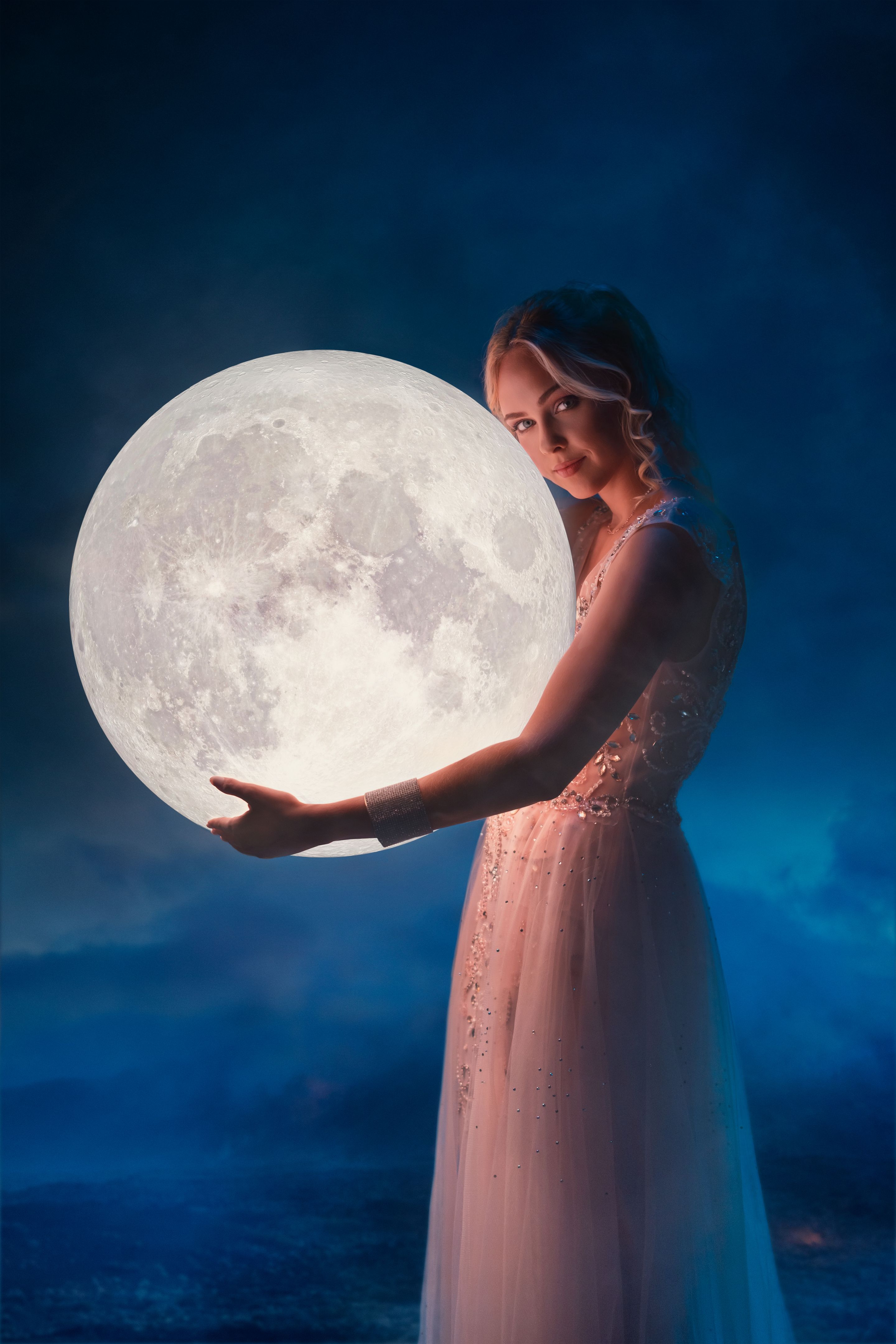 Woman Embracing Glowing Full Moon Night
