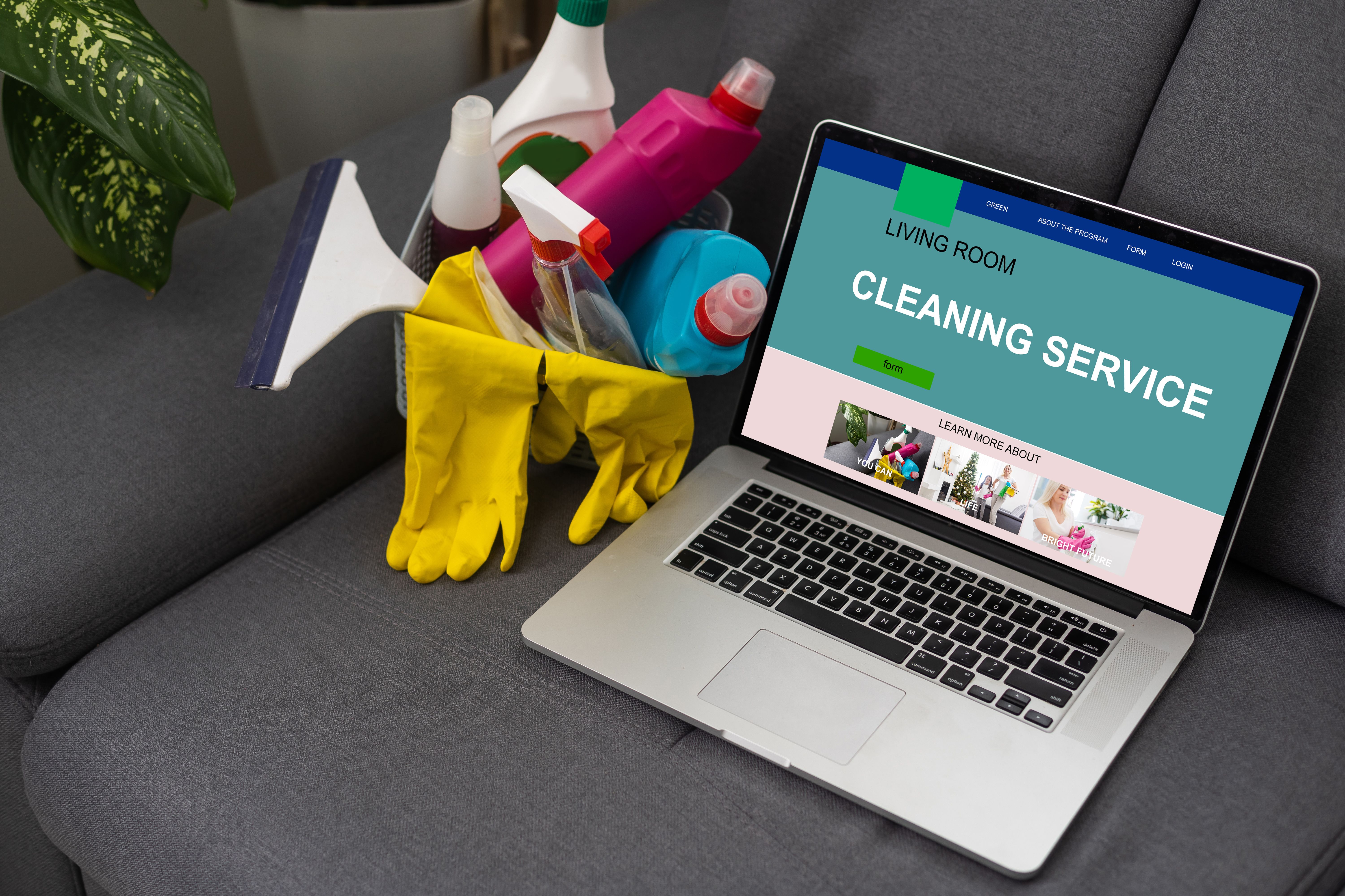 a bottle of detergent, a laptop