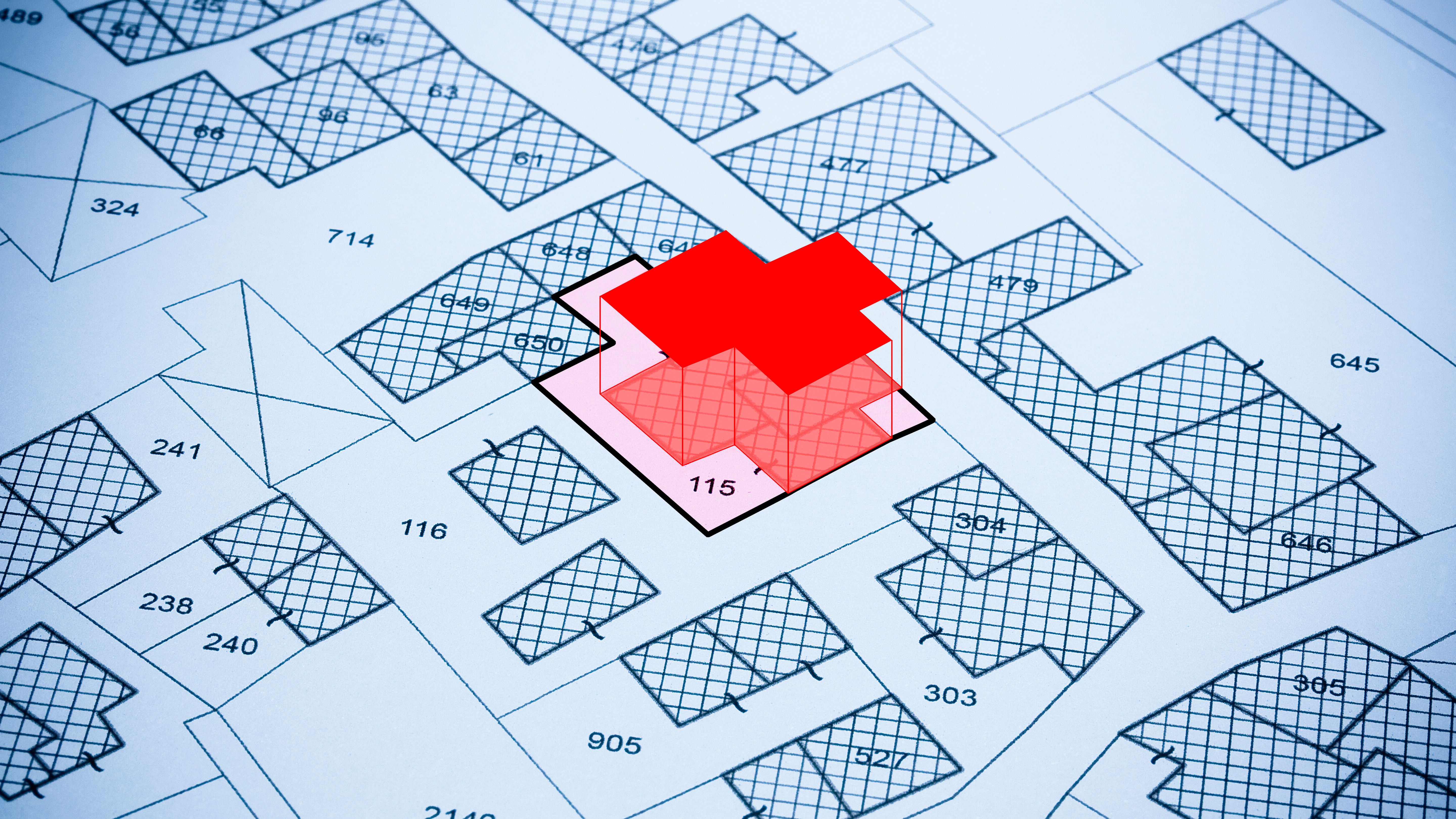 FICTIONAL CADASTRAL MAP WITH BUILDINGS land parcel, vacant plot and Volumetric Format Plan VFP