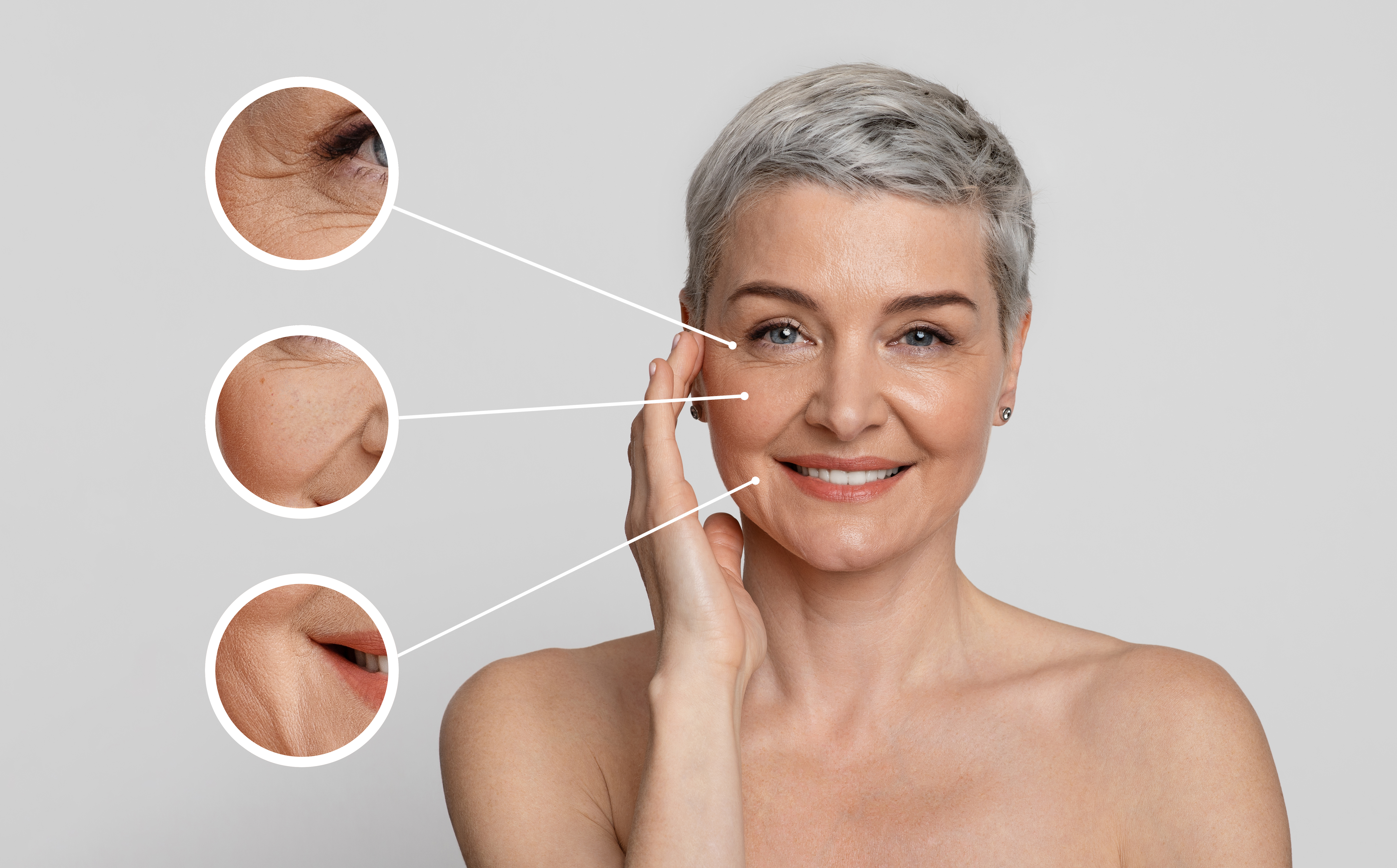 Aged Skin Care. Collage of beautiful mature woman with zoomed wrinkles zones Aged Skin Care. Collage of beautiful mature woman with zoomed wrinkles zones