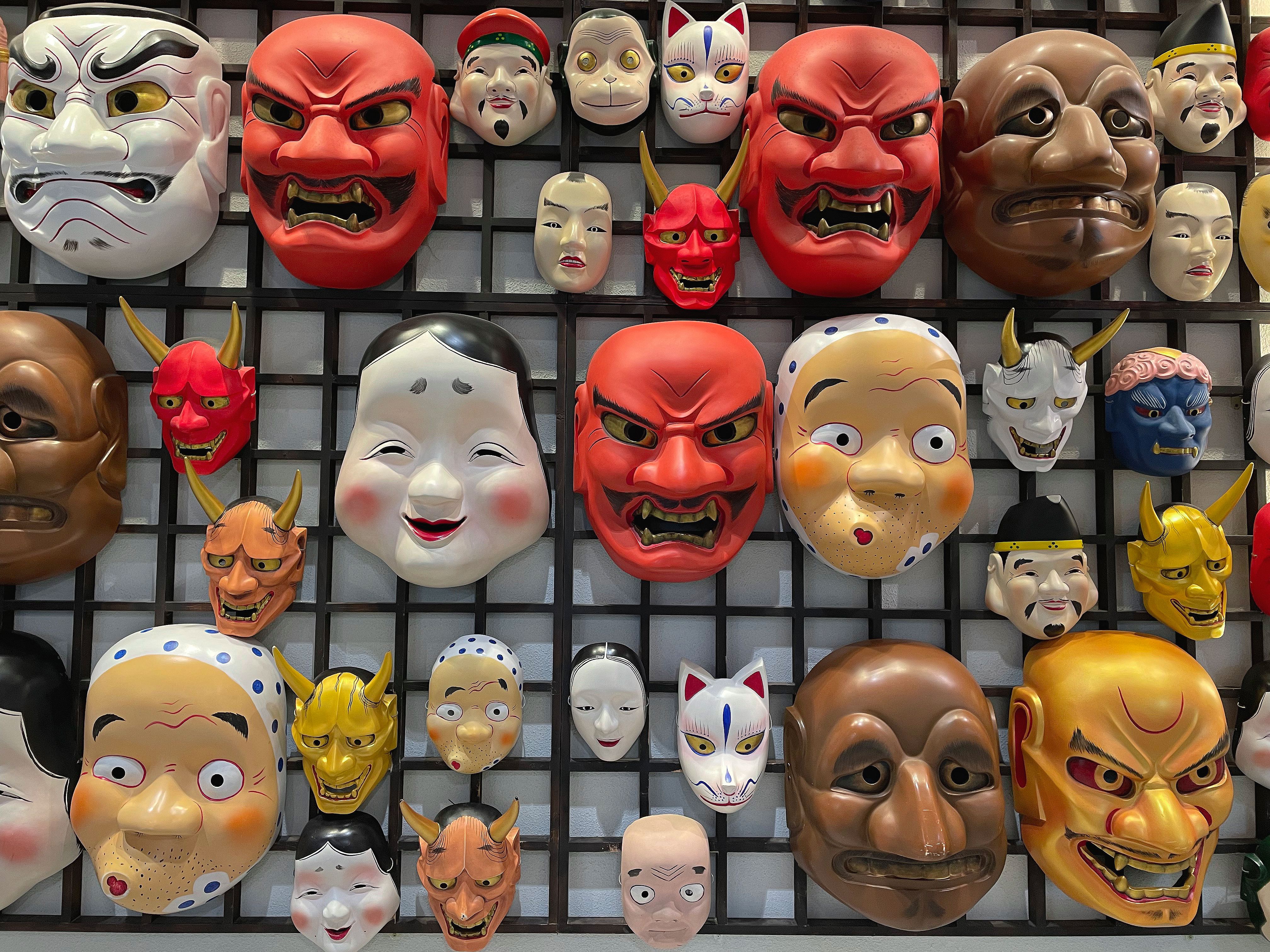 Japanese kabuki masks decorate the walls, souvenir shops, Japanese festivals