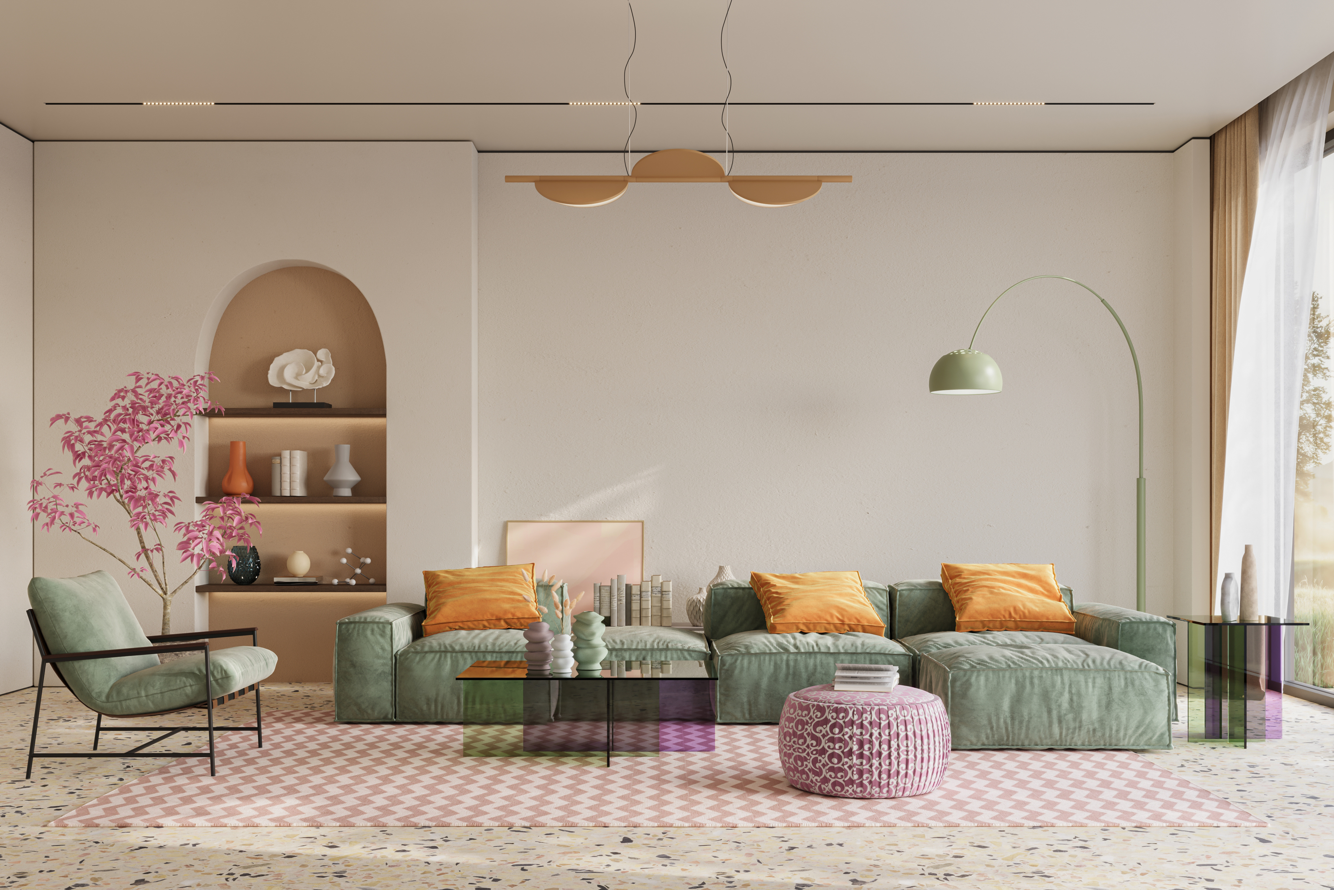 Colorful and vibrant interior designs of living room adorned with cozy furnitrue and beautiful decor, 3d rendering
