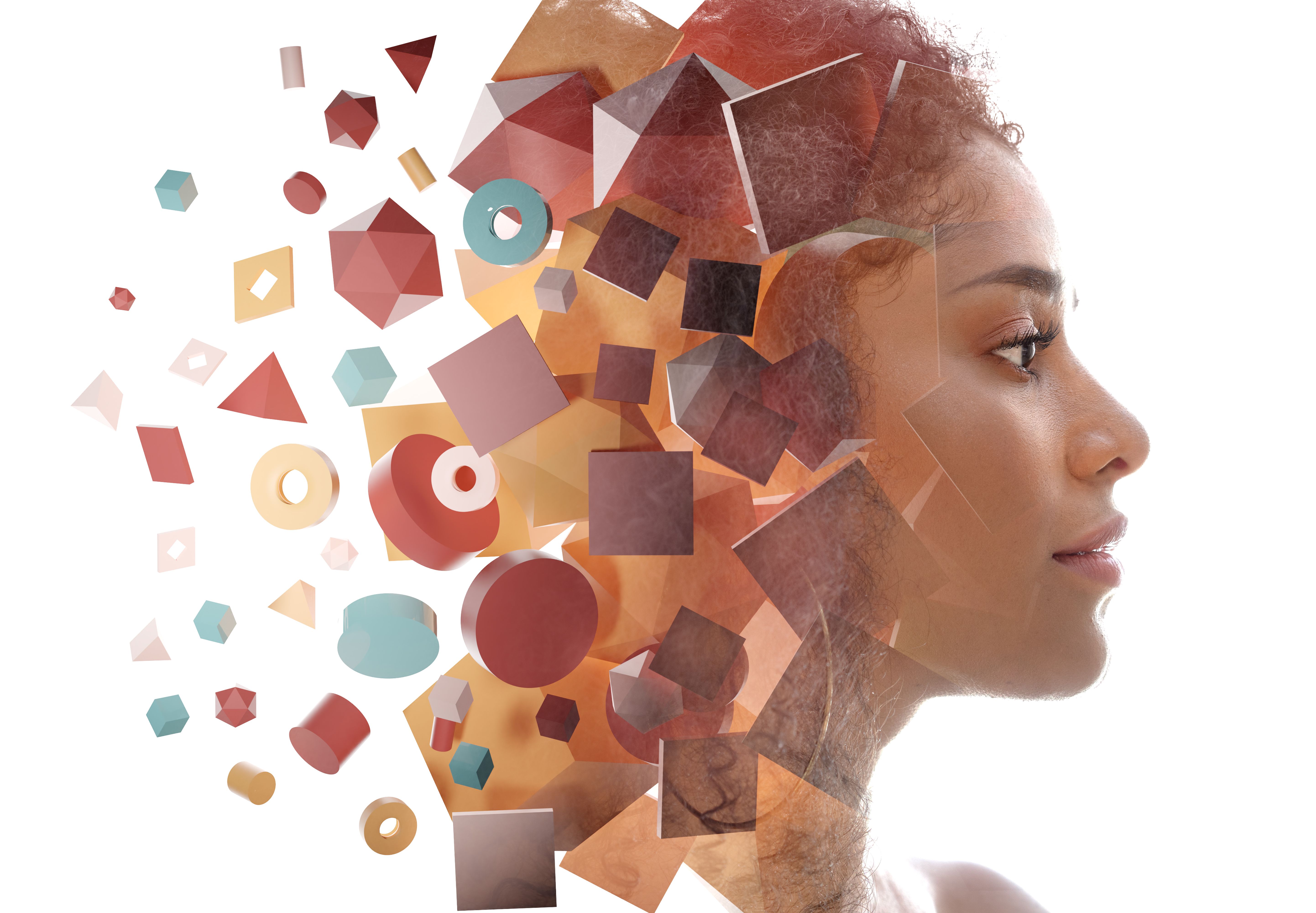 A profile portrait of a woman combined with geometric shapes in a double exposure technique.