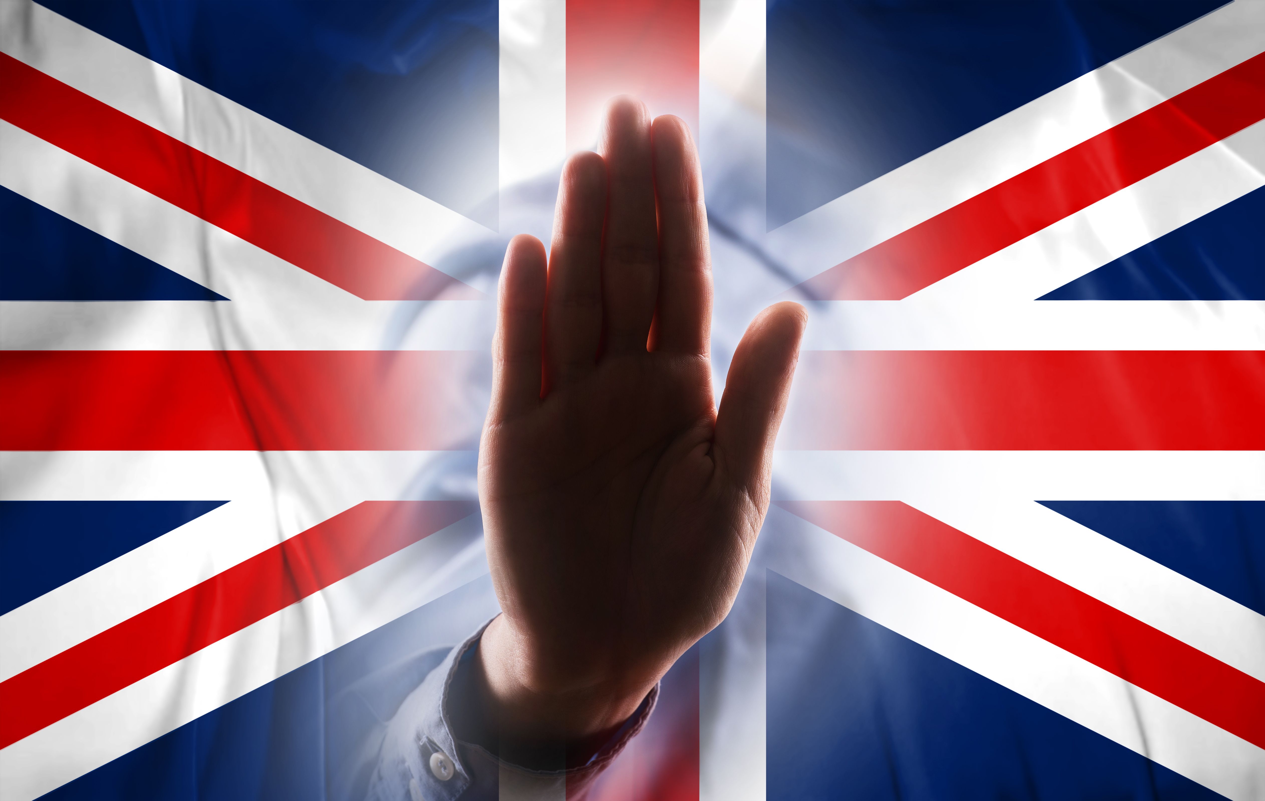 UNITED KINGDOM FLAG with hand STOP SIGN / Flag concept (Click for more)