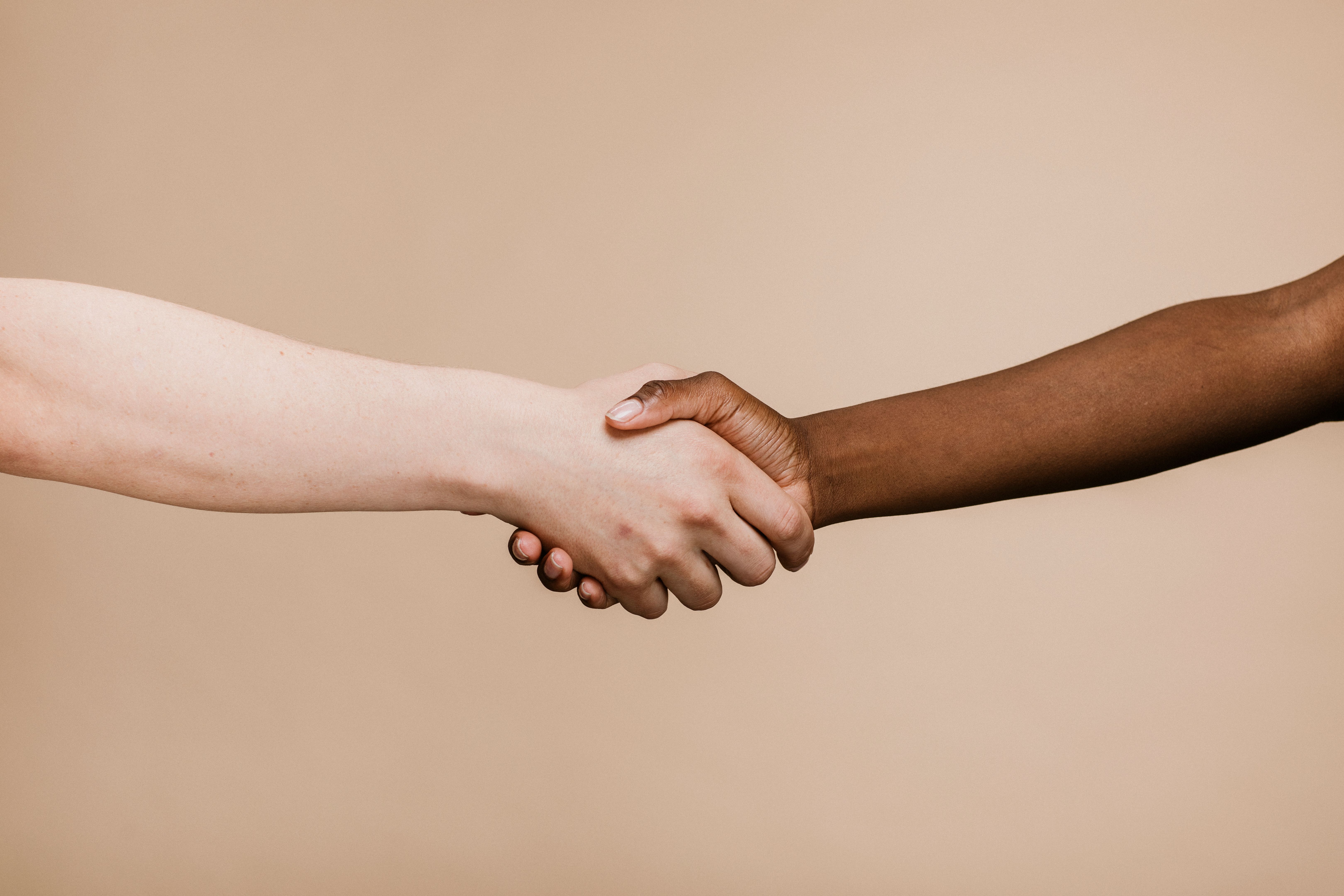 White hand shaking the black hand