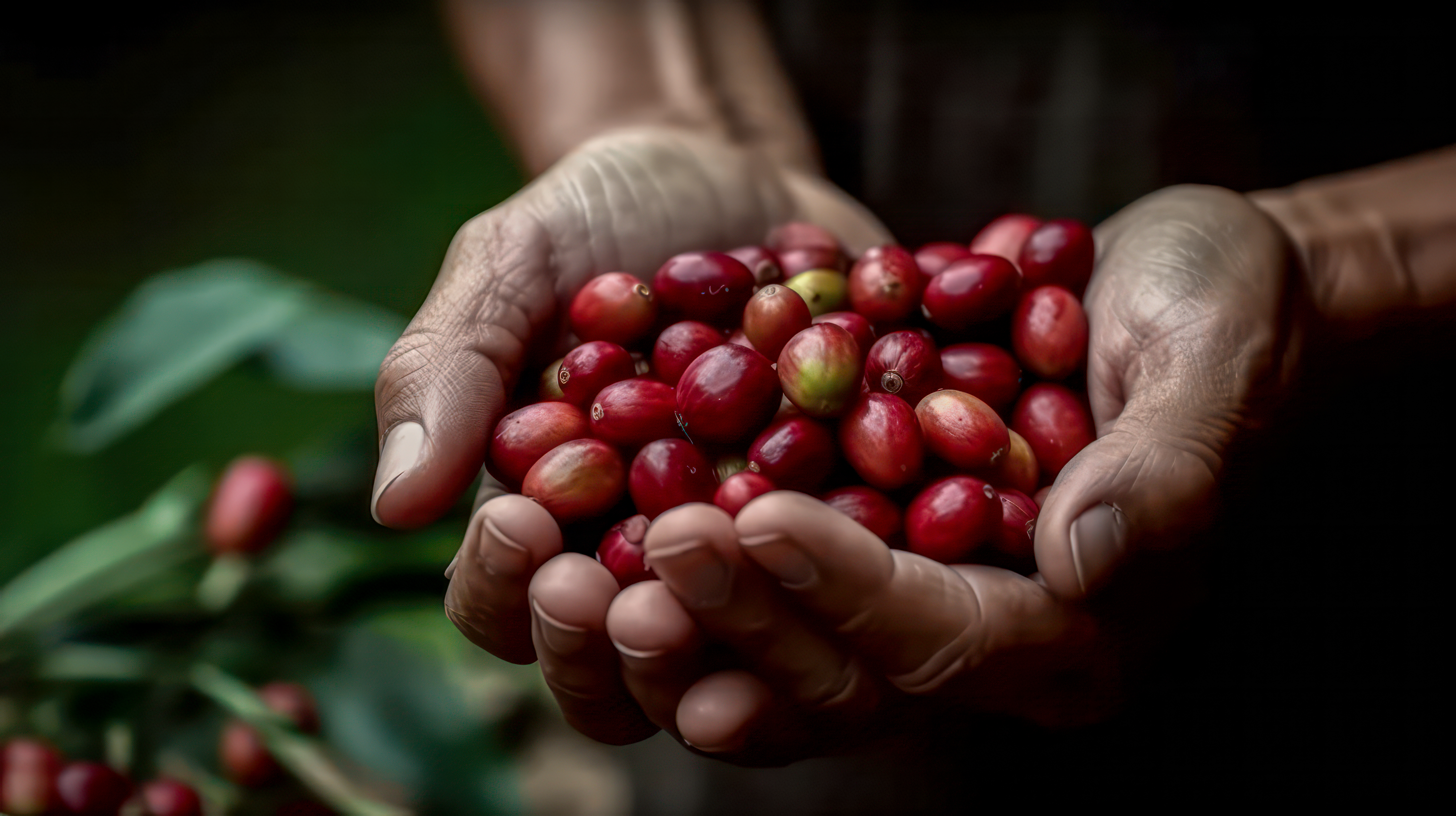 Harvested coffee in the hands of a man
