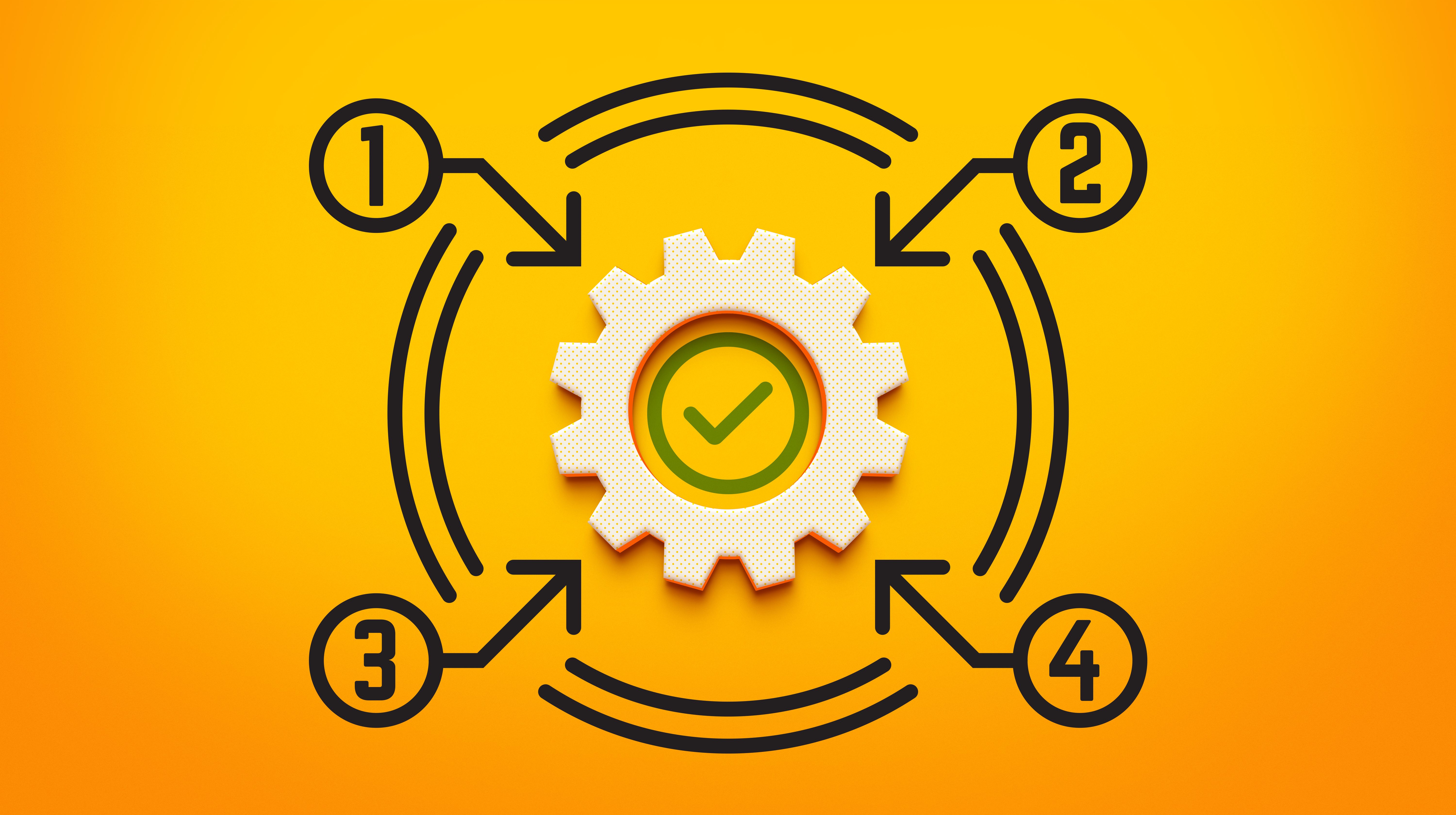 Fitness and Health Workflow Concept with a 3D Gear, Circular Steps, and Checkmark Icon. 3D Rendering.