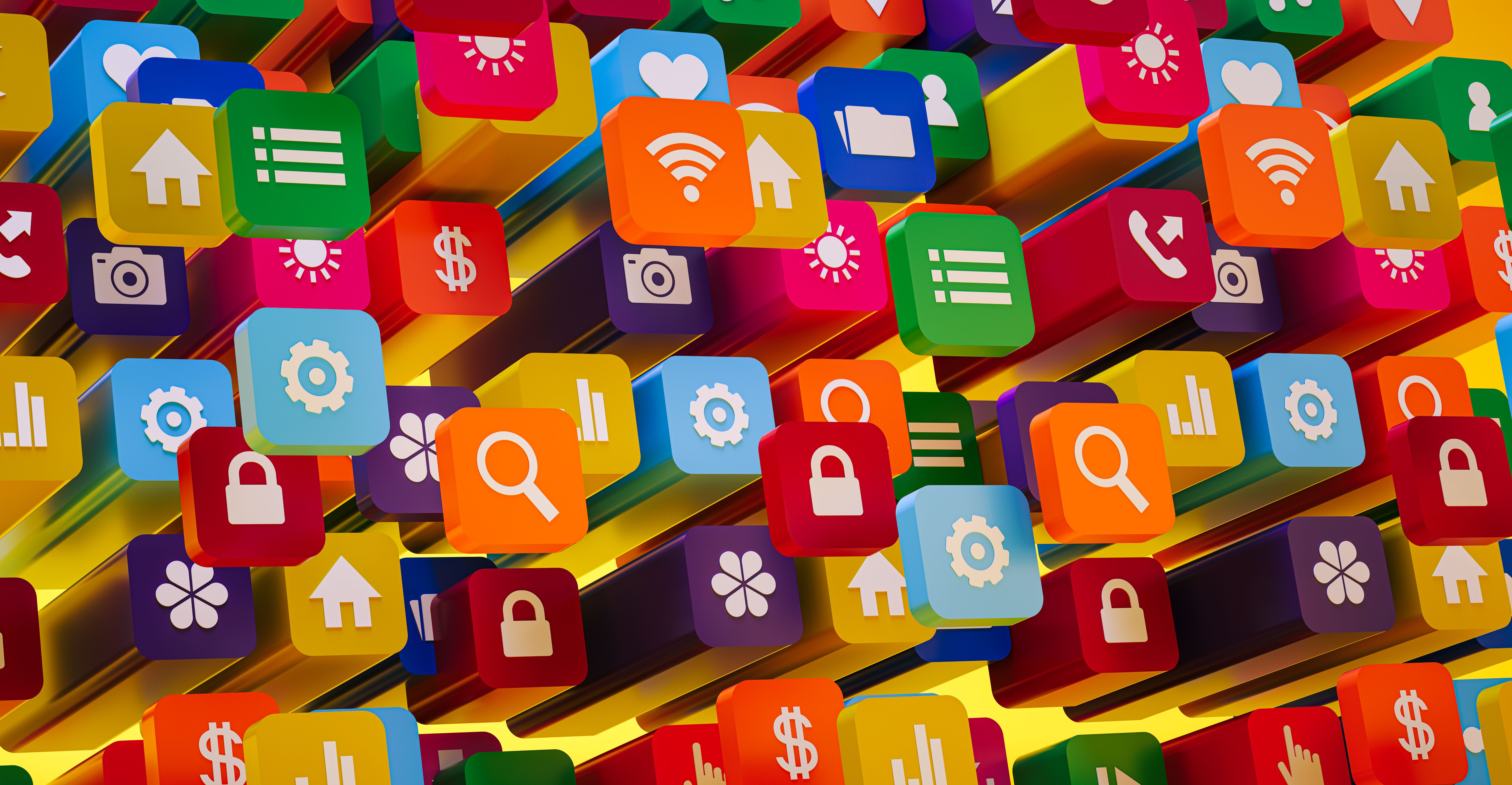 3D Background of Suspended Phone Applications Forming a Complete Textured Surface. 3D Rendering