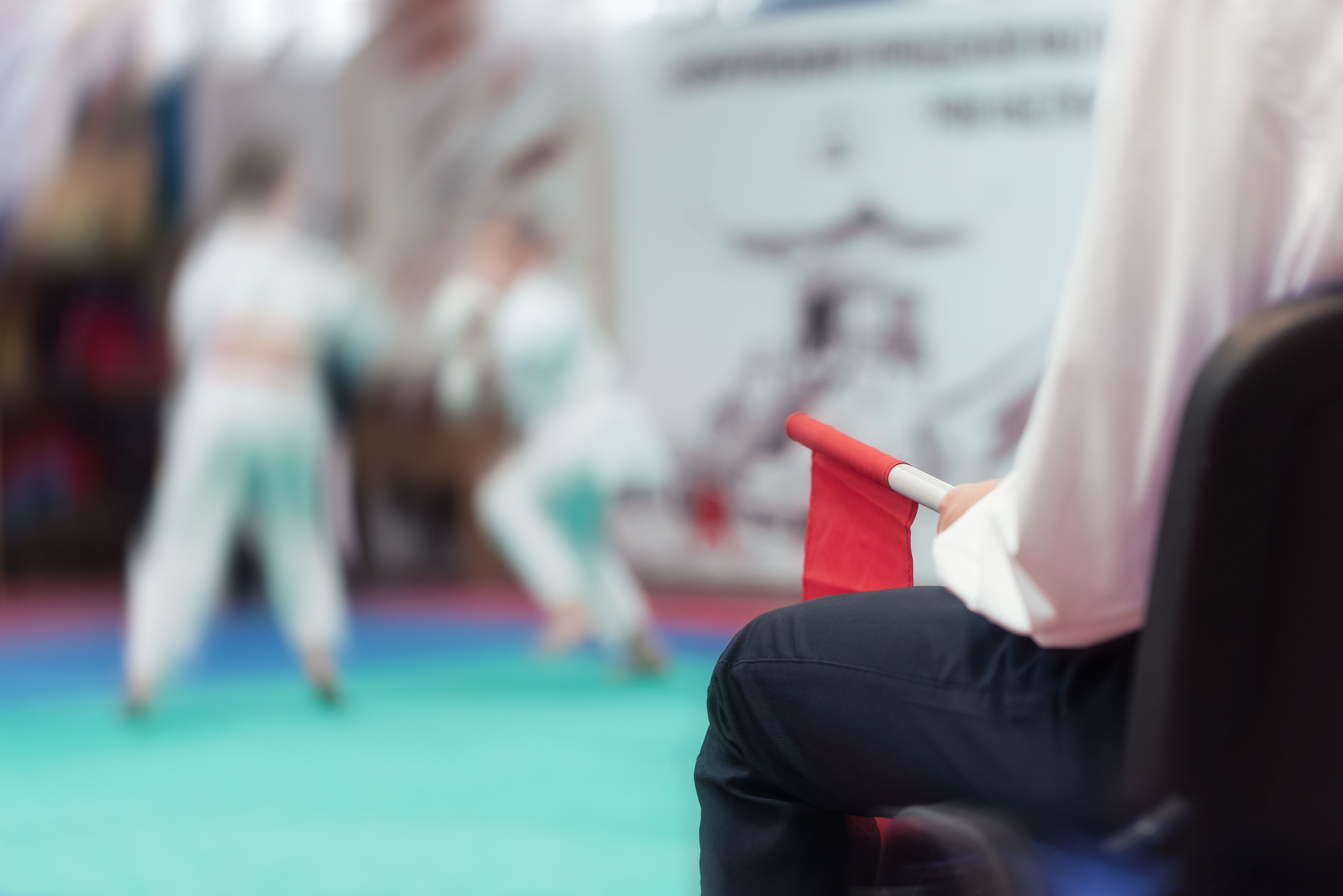 Referee hands with flags in karate competition.