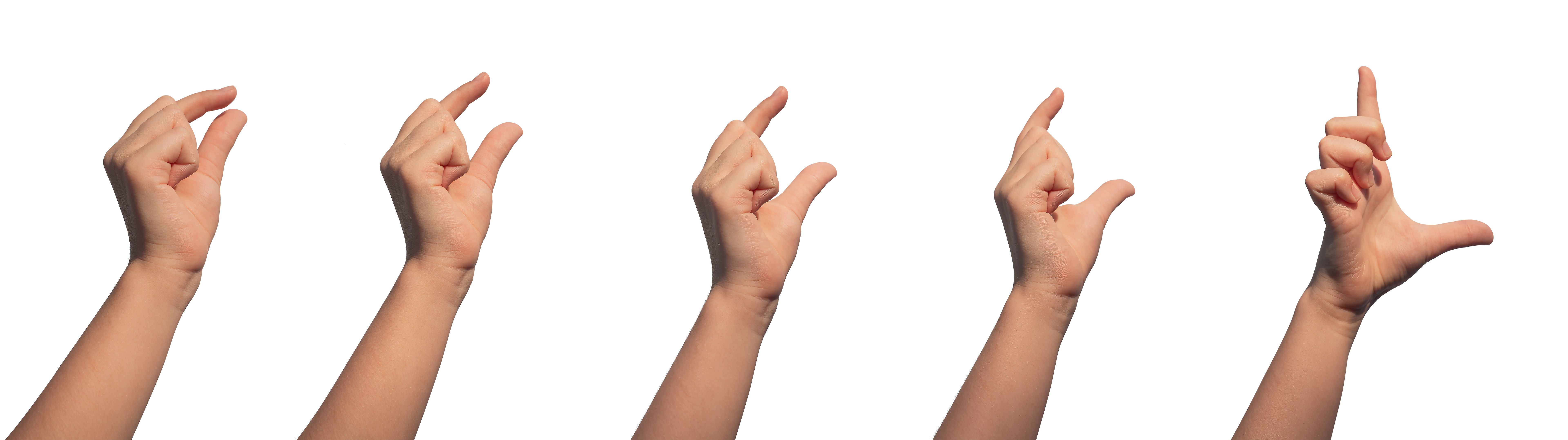 Kids hand gestures showing size from big to small. Pinch, catch, hold, isolated on white. Arm