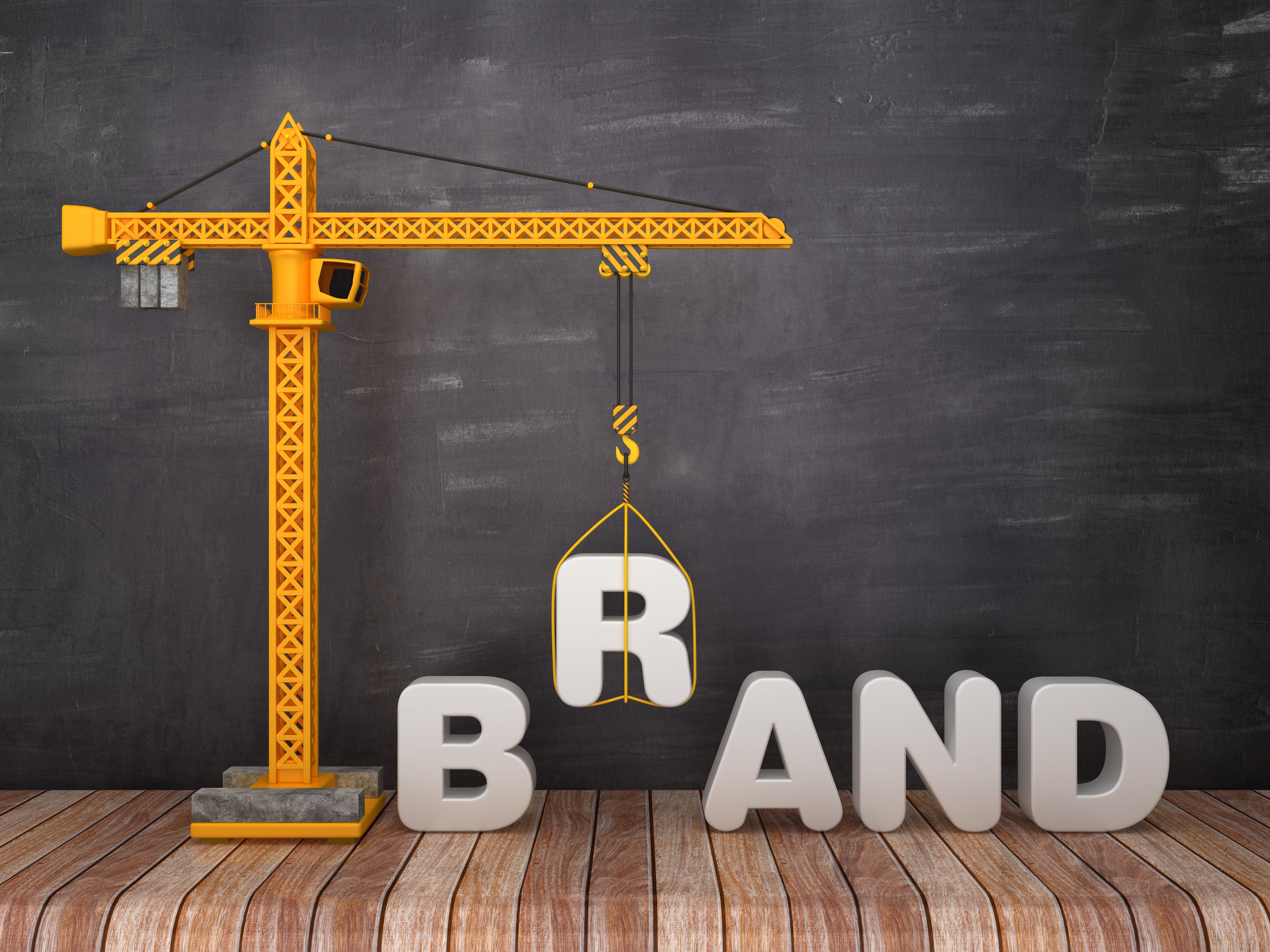 Tower Crane with BRAND Word on Chalkboard Background - 3D Rendering