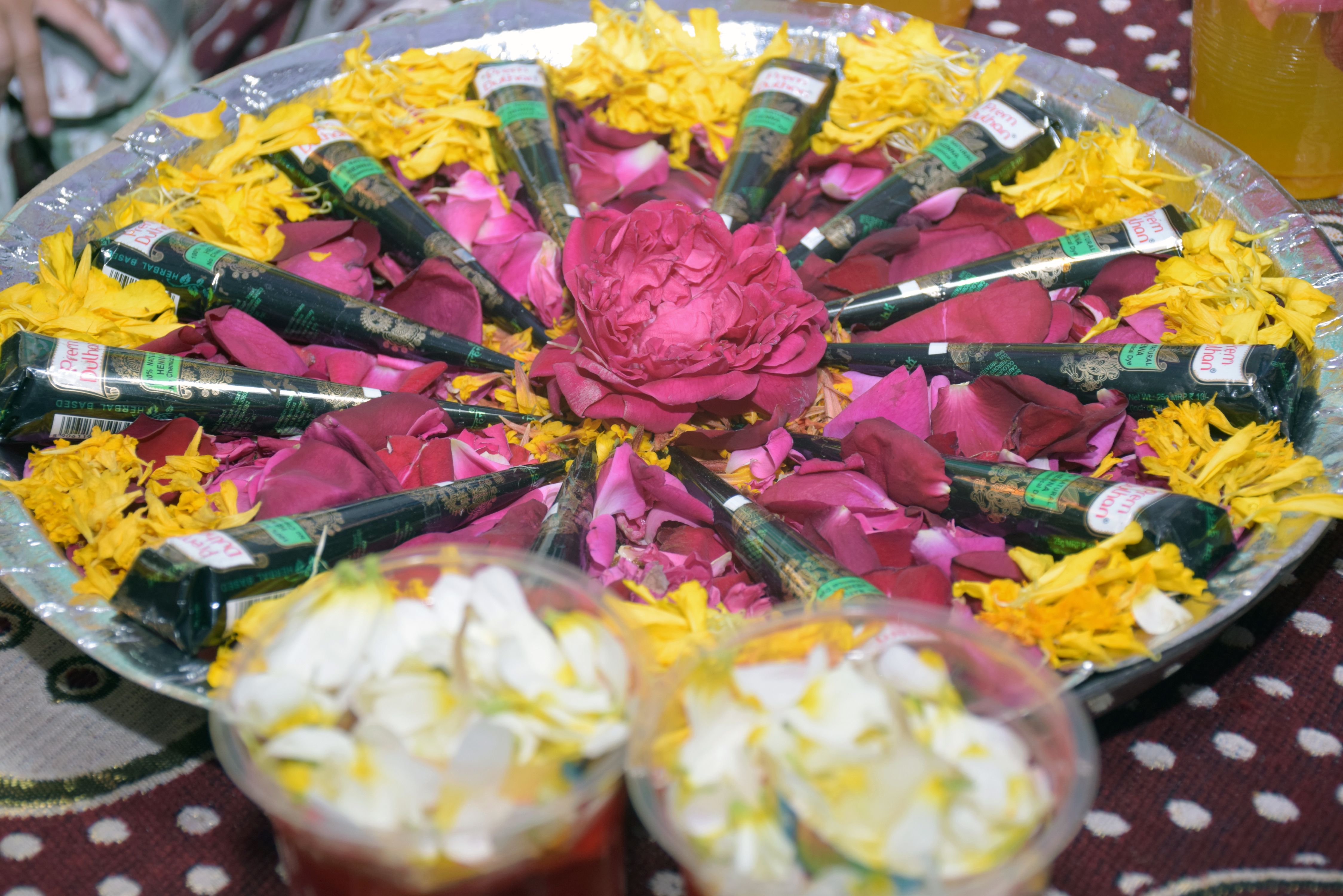 HennaMehendi Cone Placed in Decorated Plate in India. Mehndi Con HennaMehendi Cone Placed in Decorated Plate in India. Mehndi Con