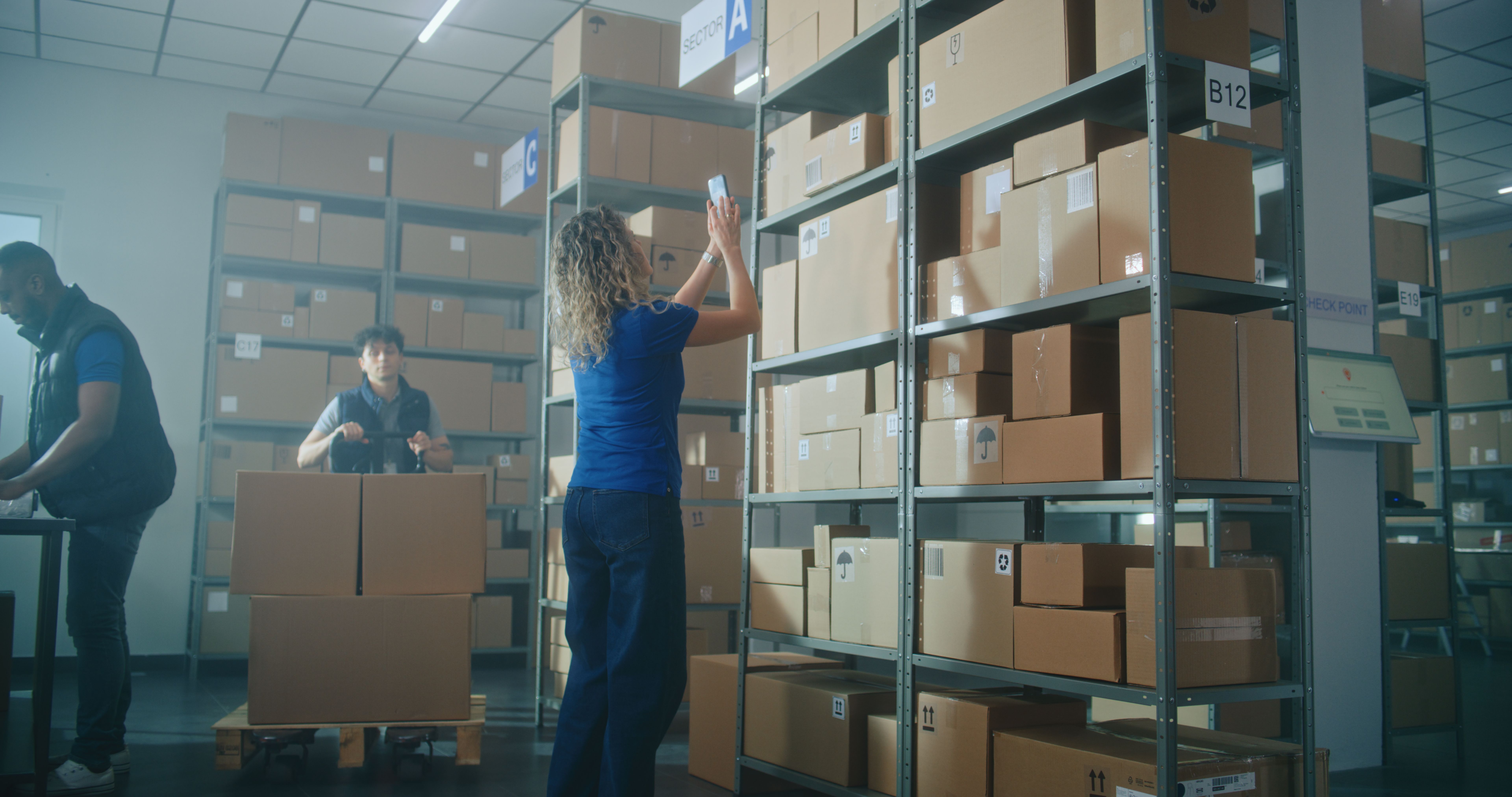 Female logistics specialist scans code on cardboard box using smartphone