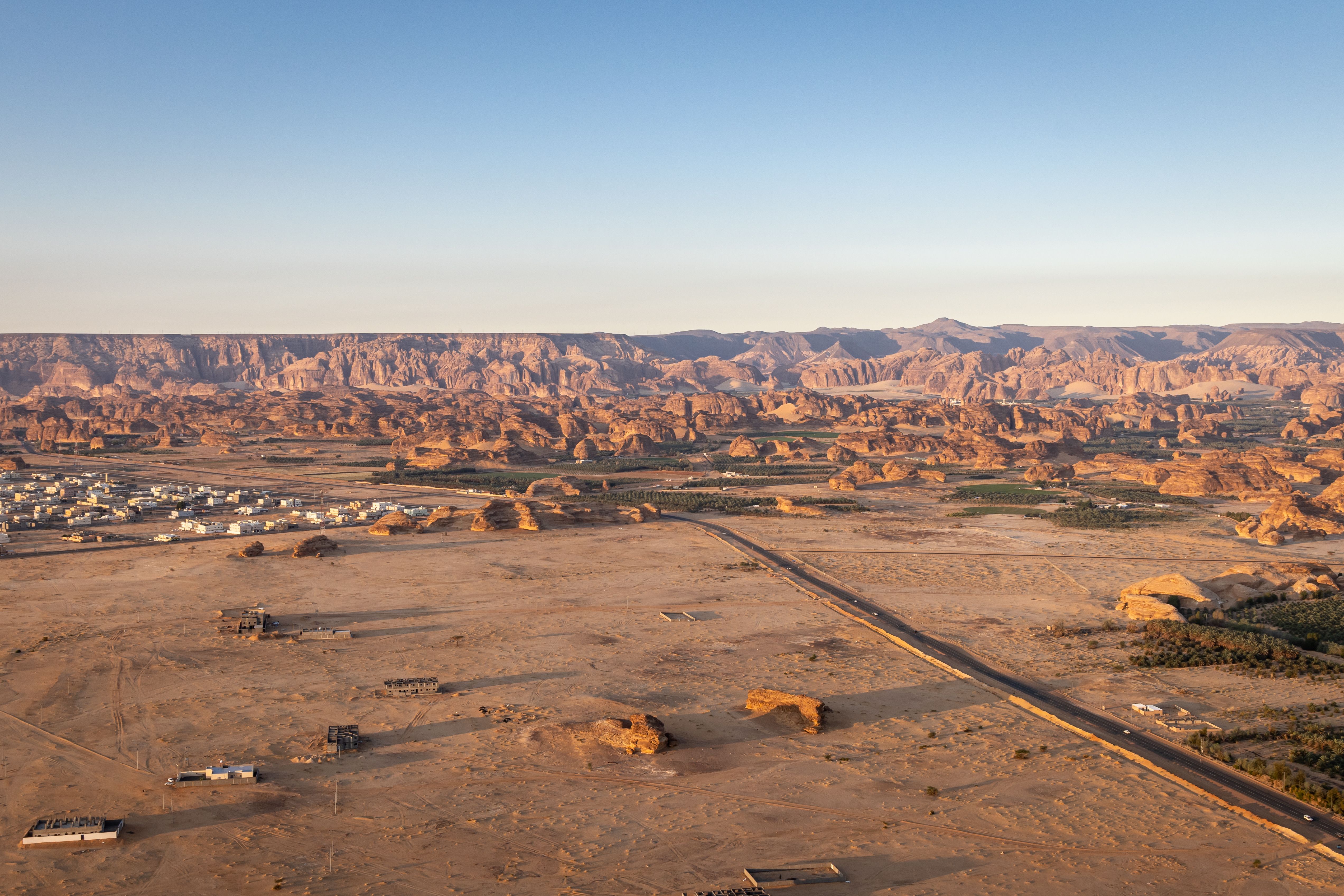 Highway in the Saudi Arabian desert, seen from a hot air balloon.