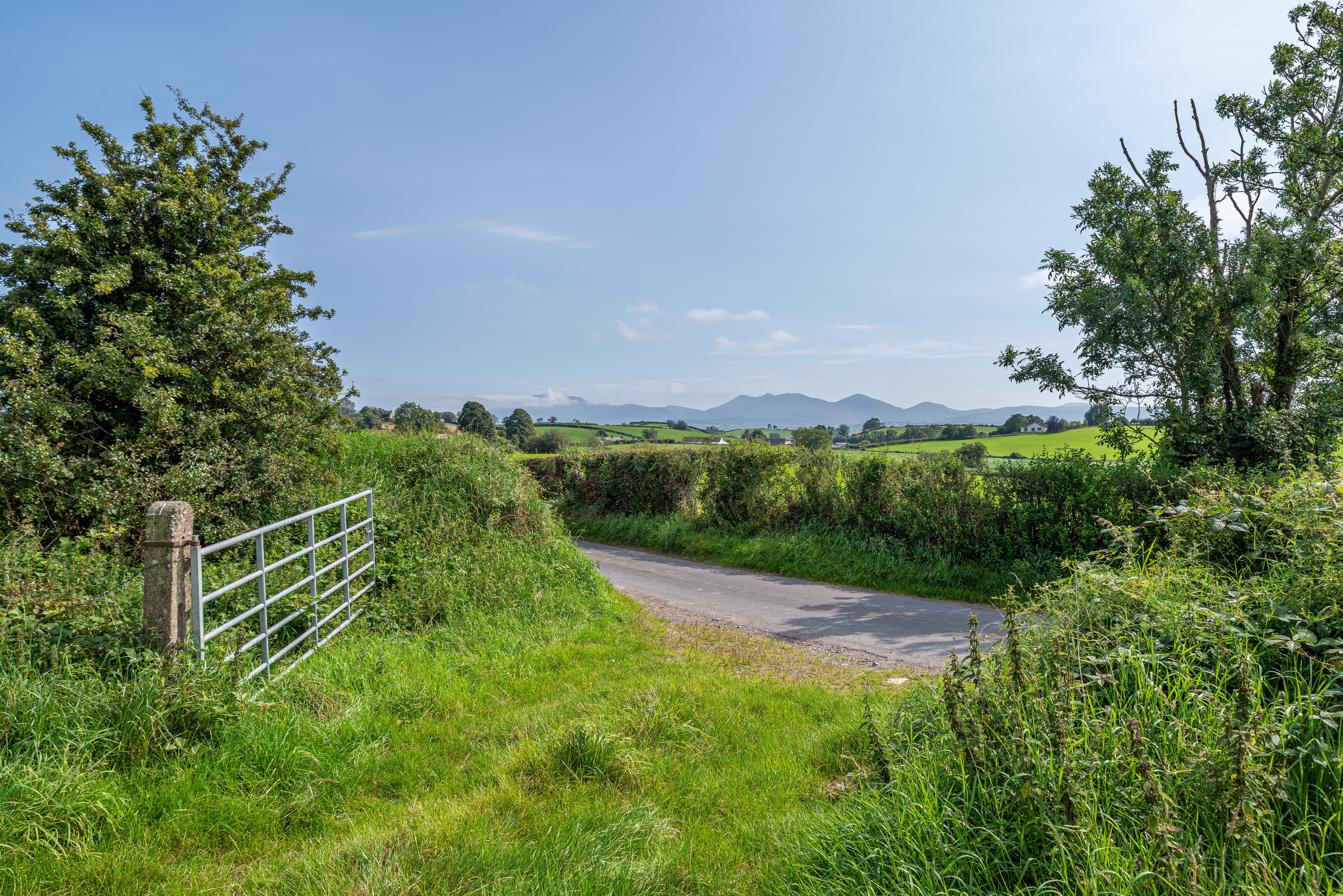 Metal gate Rural lane, edged by hedges, leading towards mountains in the distance