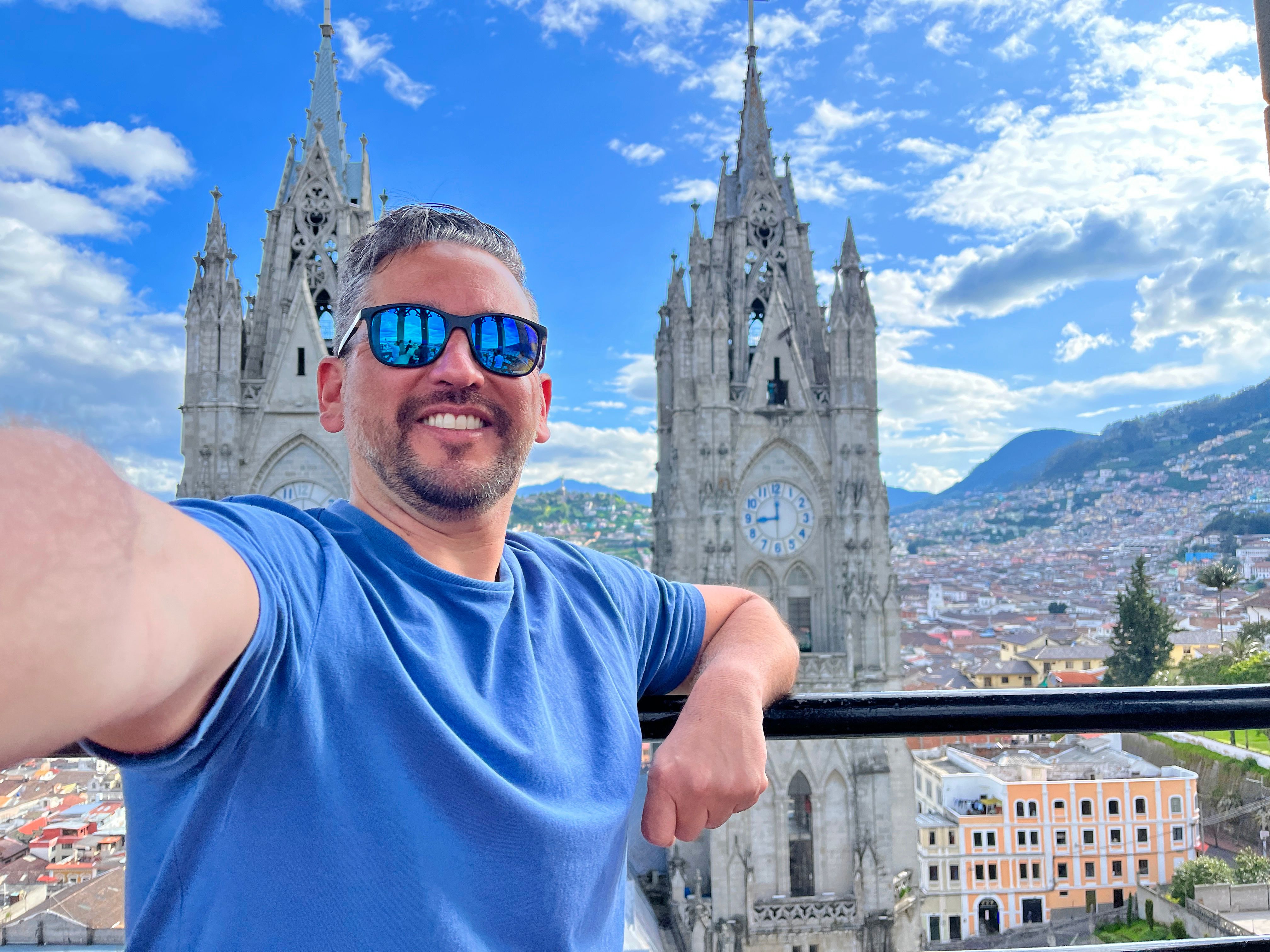 POV Point of view of a male tourist taking a selfie at the Basilica del Voto Nacional in Quito, Pichincha, Ecuador