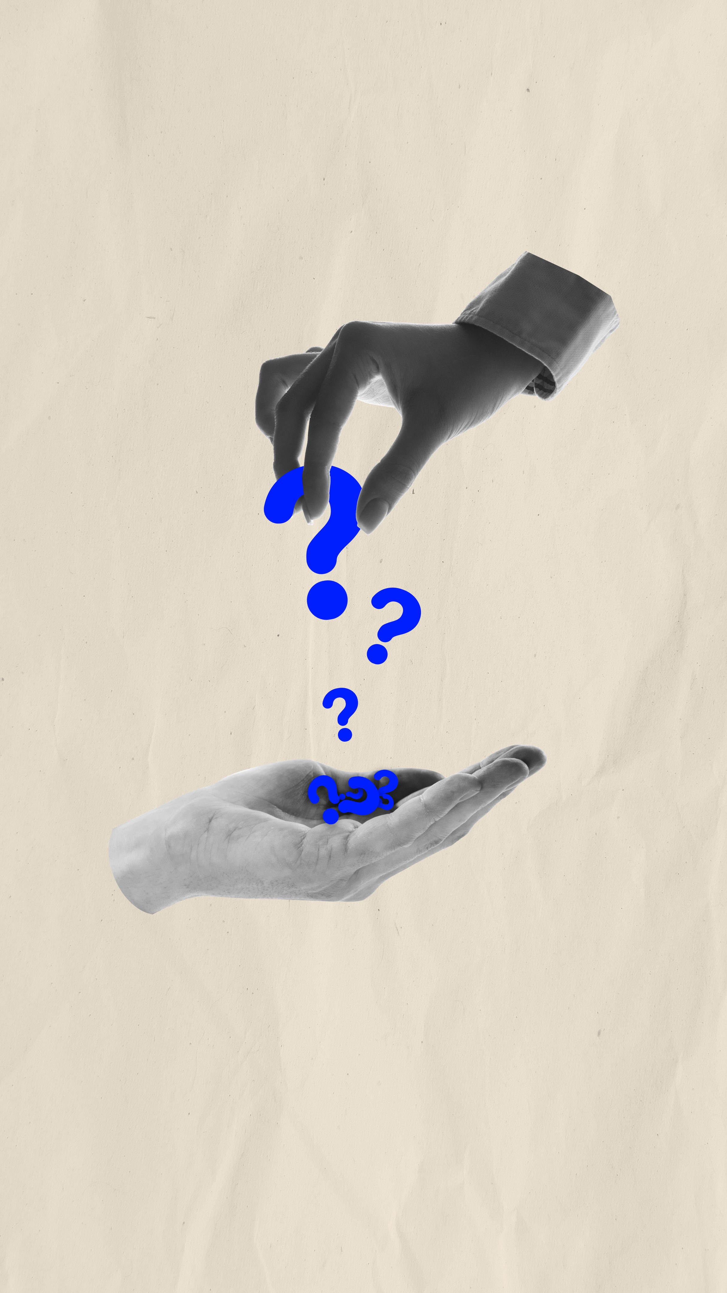 Human hand putting question marks on another hand meaning importance of questioning in business for clear understanding of process. Contemporary art collage. Human hand putting question marks on another hand meaning importance of questioning in business for clear understanding of process. Contemporary art collage.