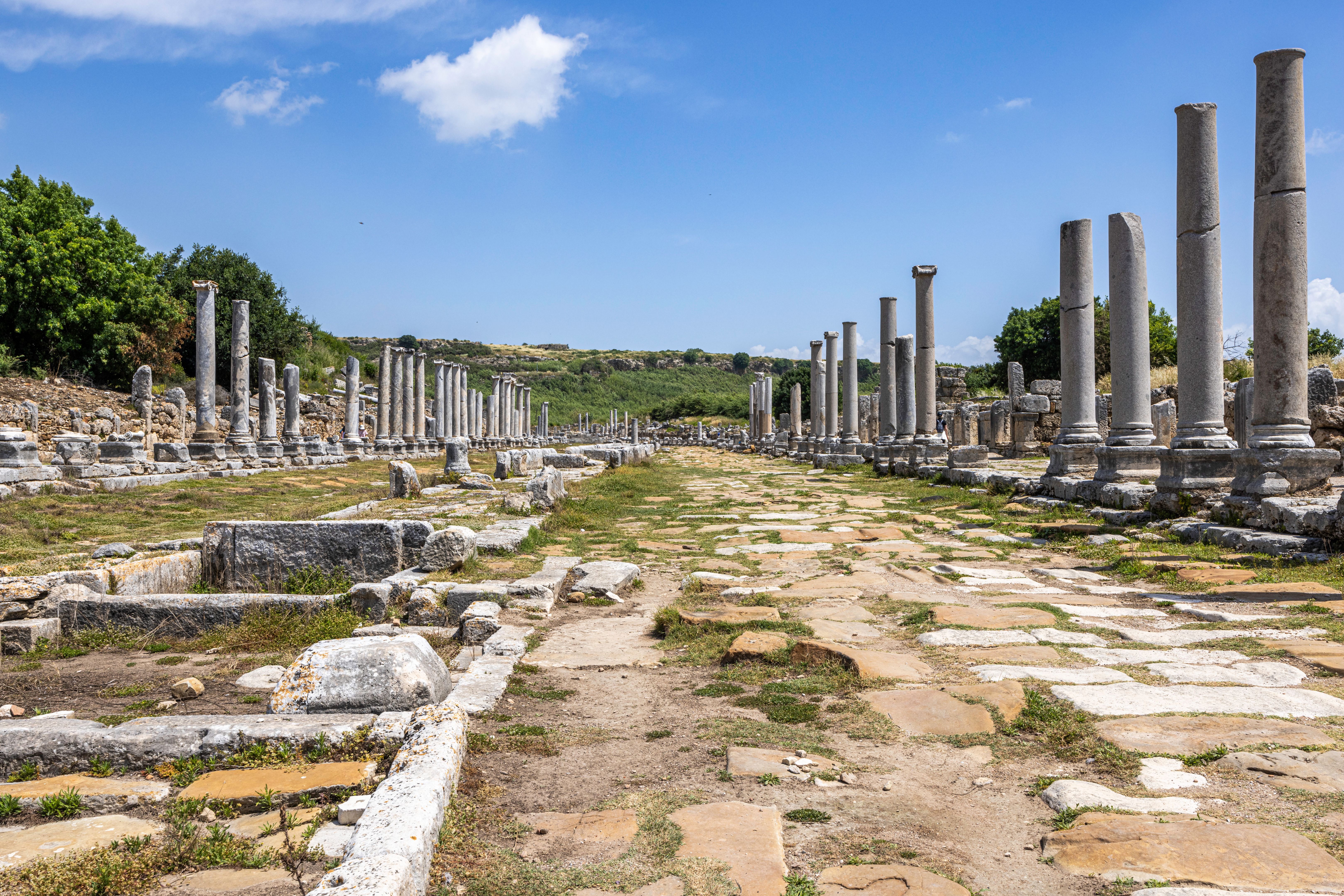 Ruins of the ancient city Perge. Greek colony from 7th century BC, conquered by Persians and Alexander the Great in 334 BC. Antalya, Turkey.