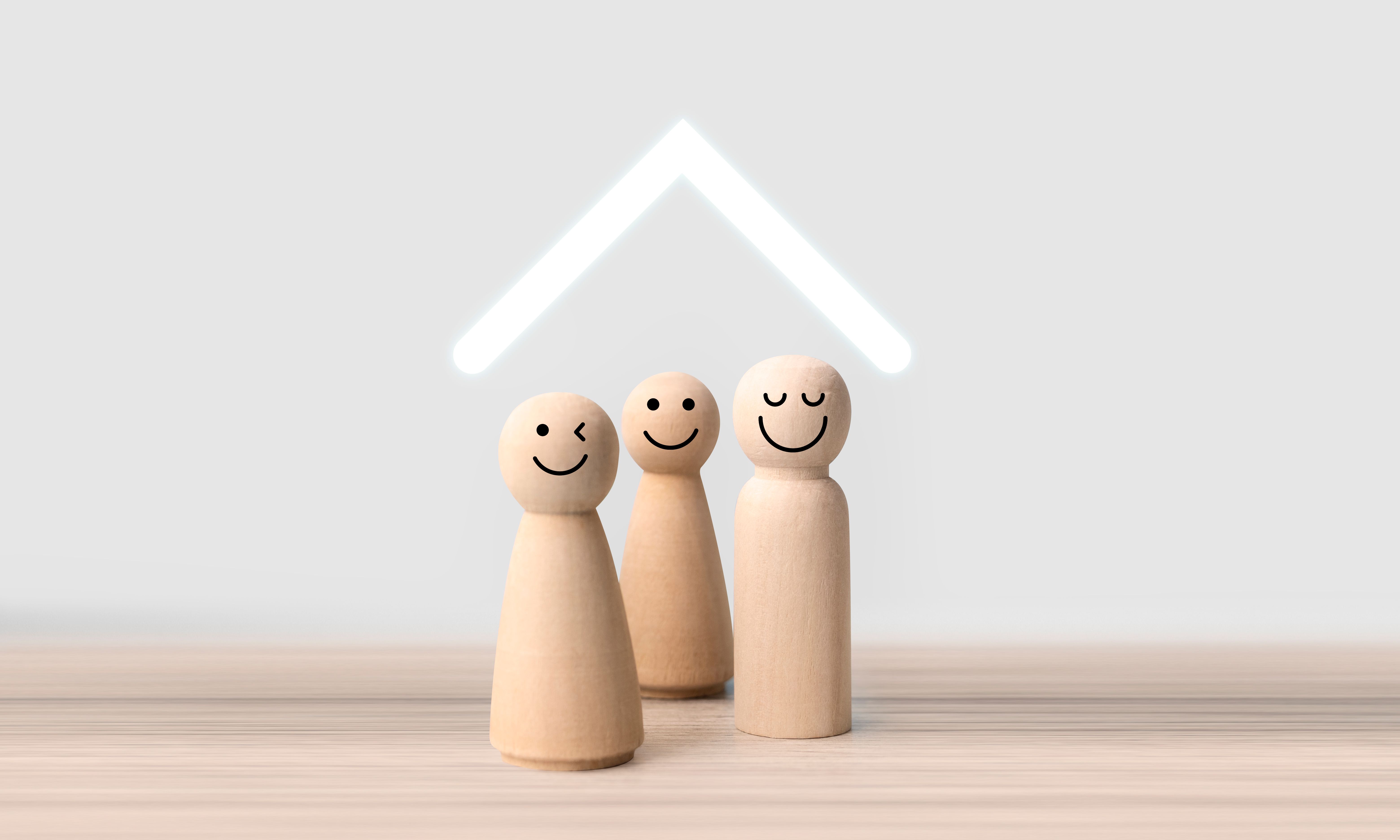 Wooden family wooden model, family, life, health and house insurance icons. Insurance concept