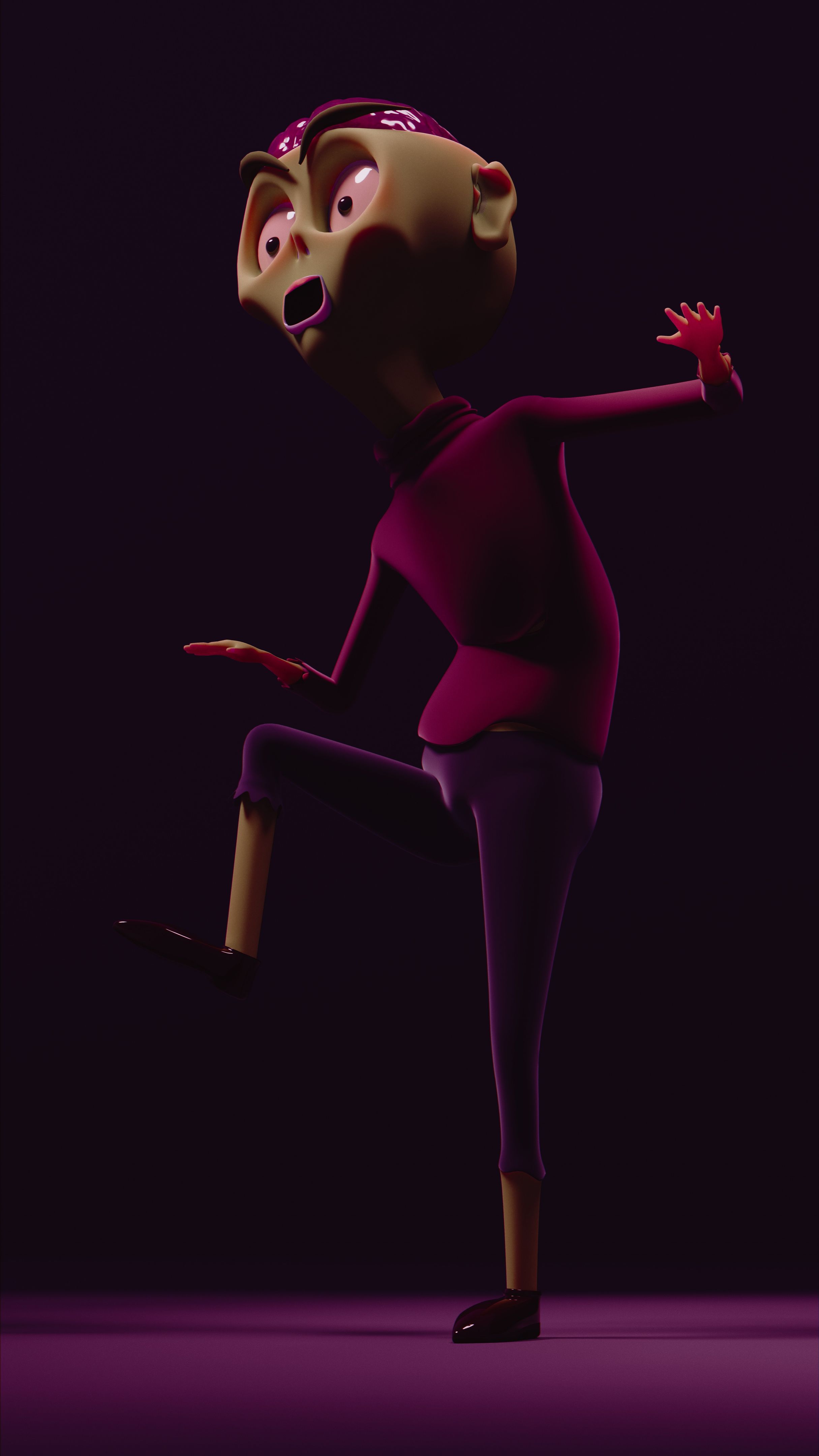 Zombie  person head open showing brain leaning backward right arm lifted left hand forward