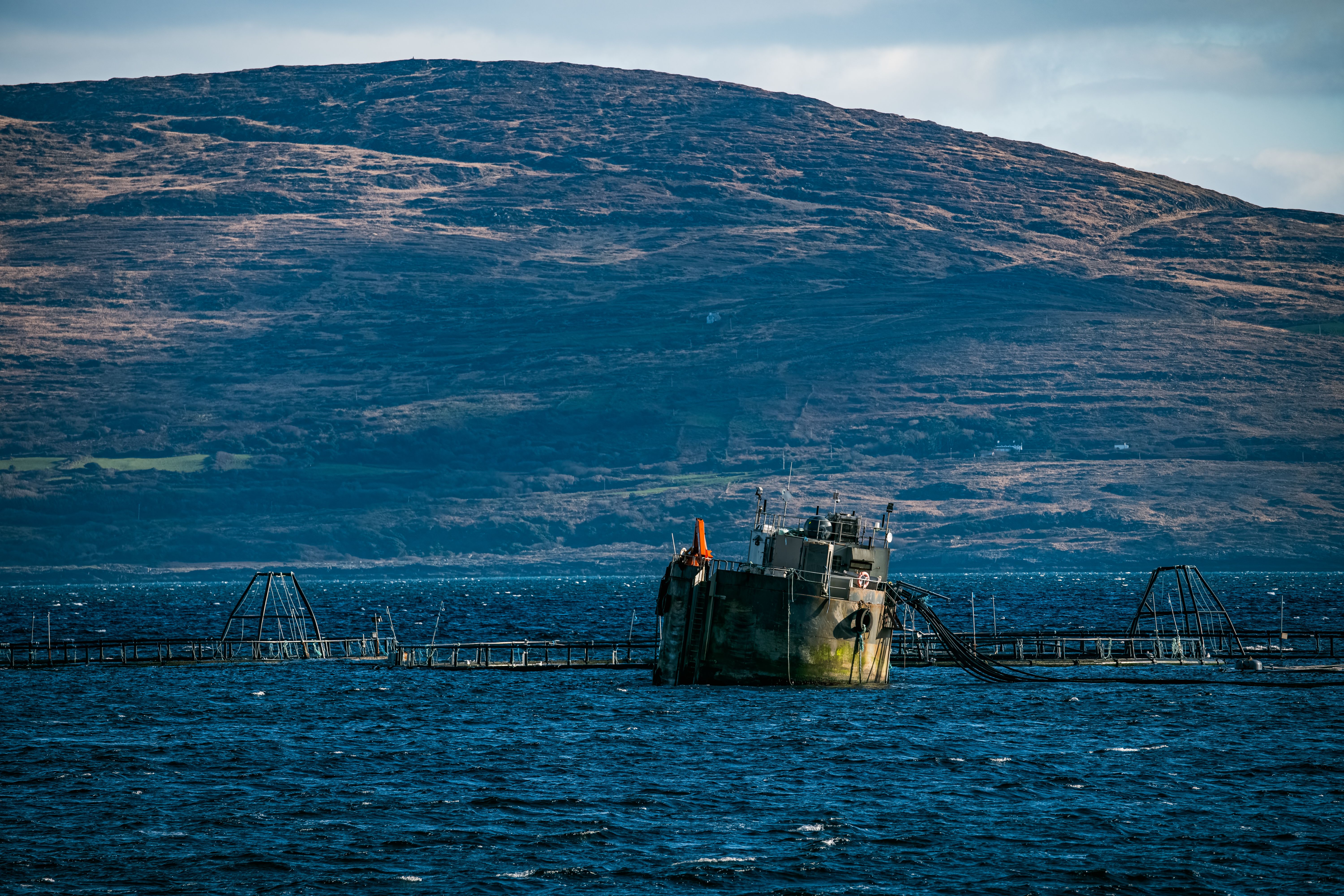 A marine farming, is surrounded by aquaculture structures. The calm water reflects the blue sky and the rolling hills of the coastline.