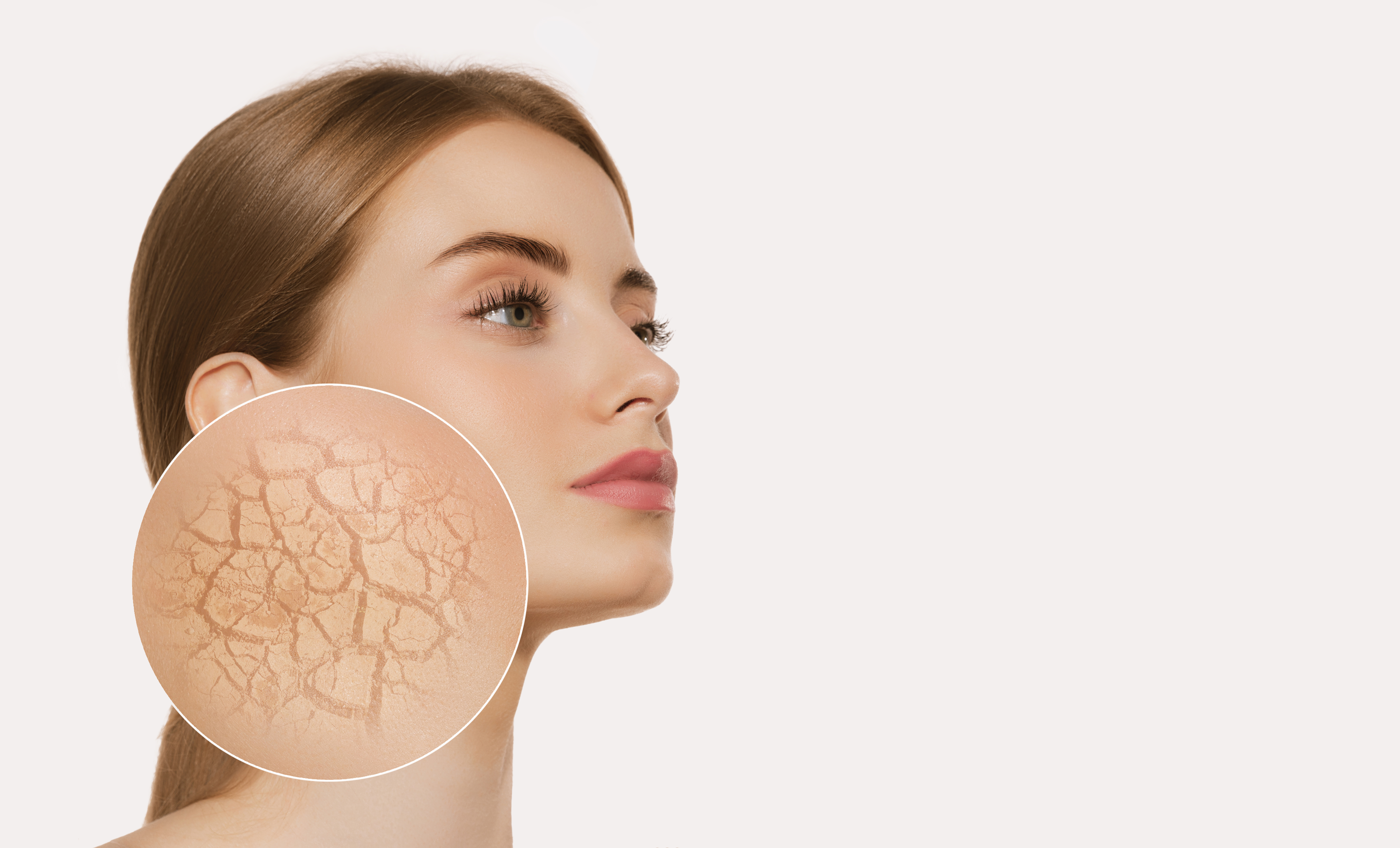 Young woman with zoom circle of dry facial skin before moistening isolated on white background. Skincare, healthcare, beauty, aging process, wrinkle, dehydration and skin problems Young woman with zoom circle of dry facial skin before moistening isolated on white background. Skincare, healthcare, beauty, aging process, wrinkle, dehydration and skin problems