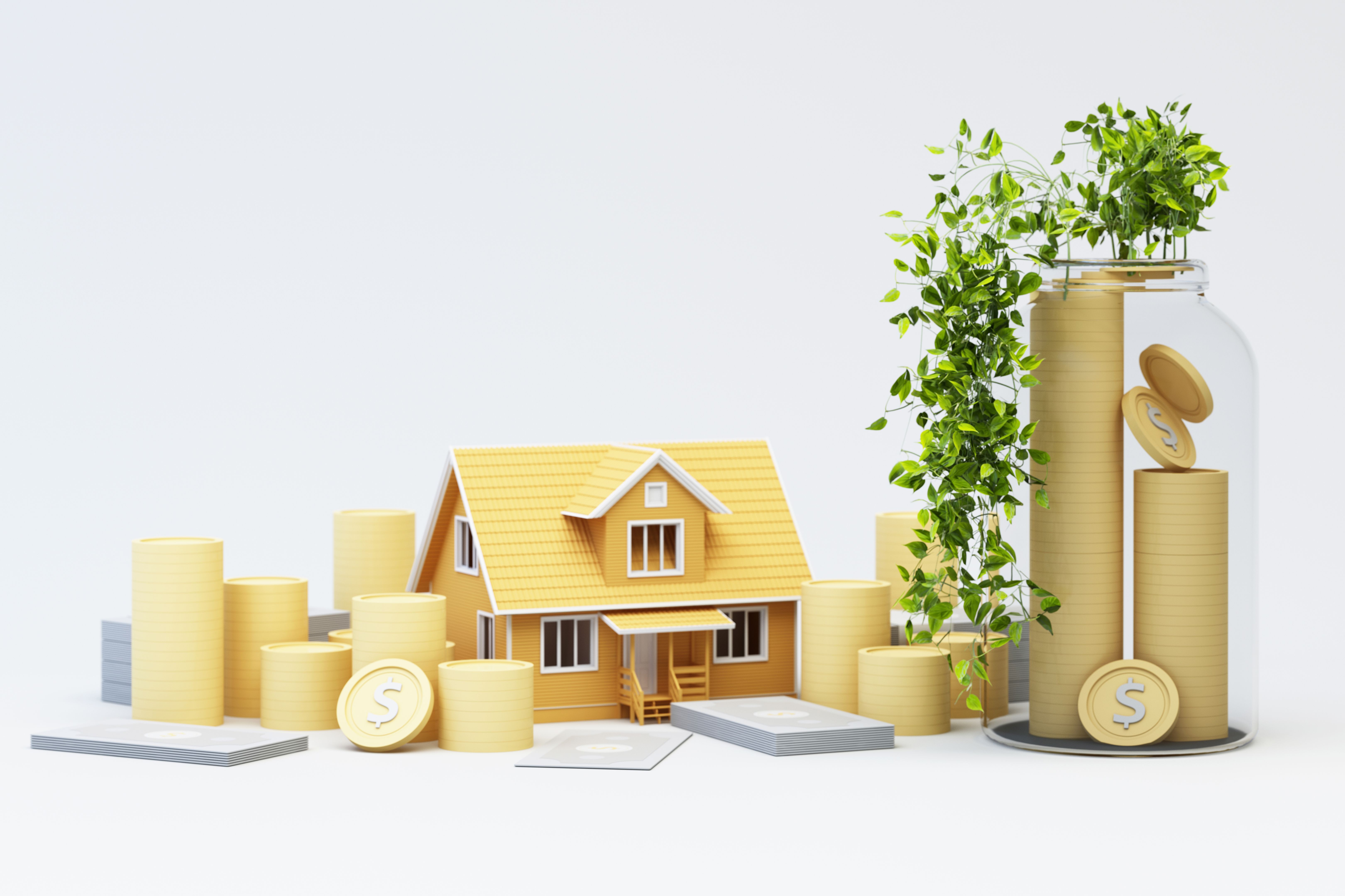A modern house surrounded by golden coins symbolizes real estate investment. A glass jar filled with stacked coins and green plants represents financial growth and wealth accumulation. 3d rendering A modern house surrounded by golden coins symbolizes real estate investment. A glass jar filled with stacked coins and green plants represents financial growth and wealth accumulation. 3d rendering