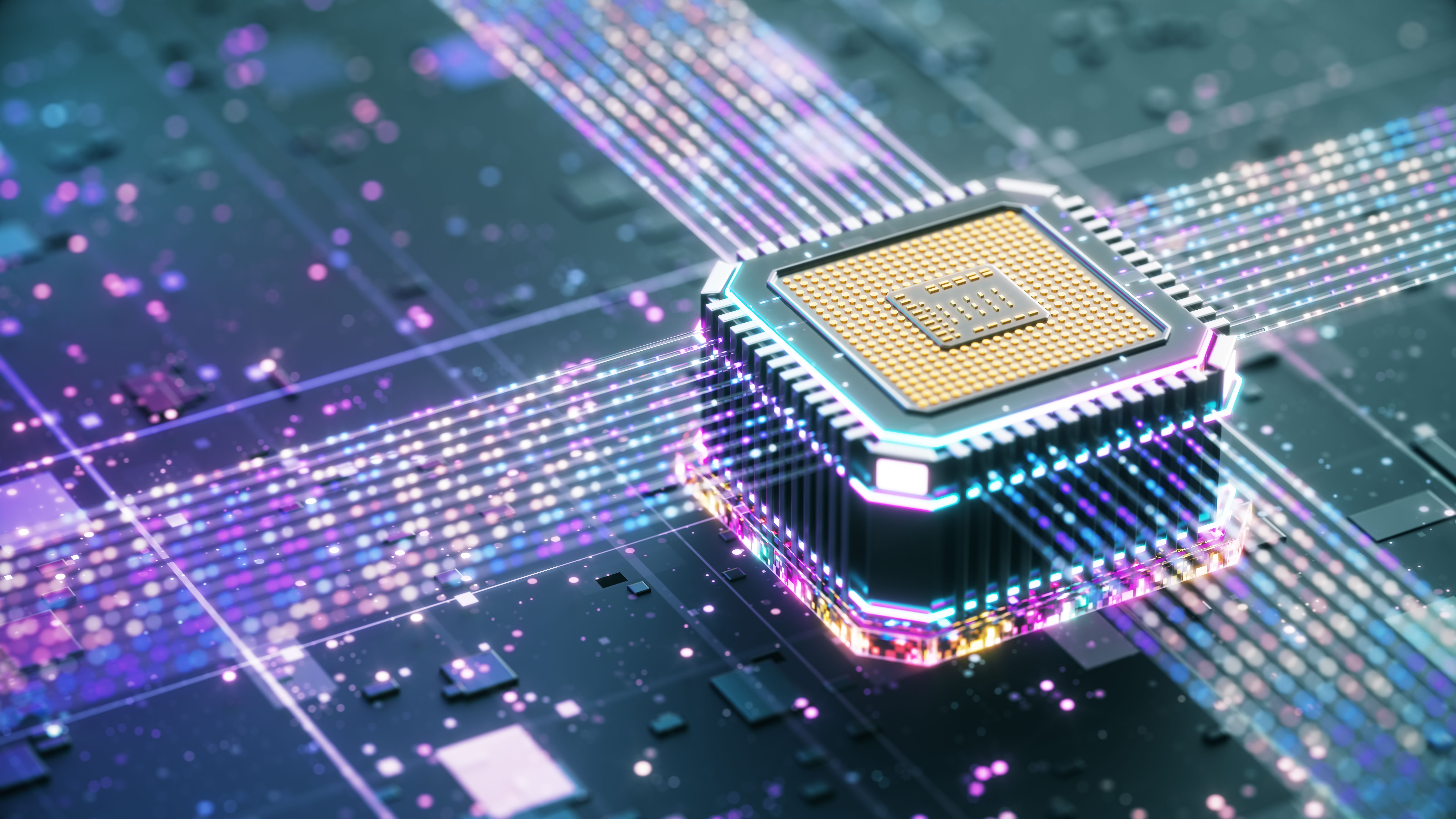 Futuristic central processor unit. Powerful Quantum CPU on motherboard with data transfers.
