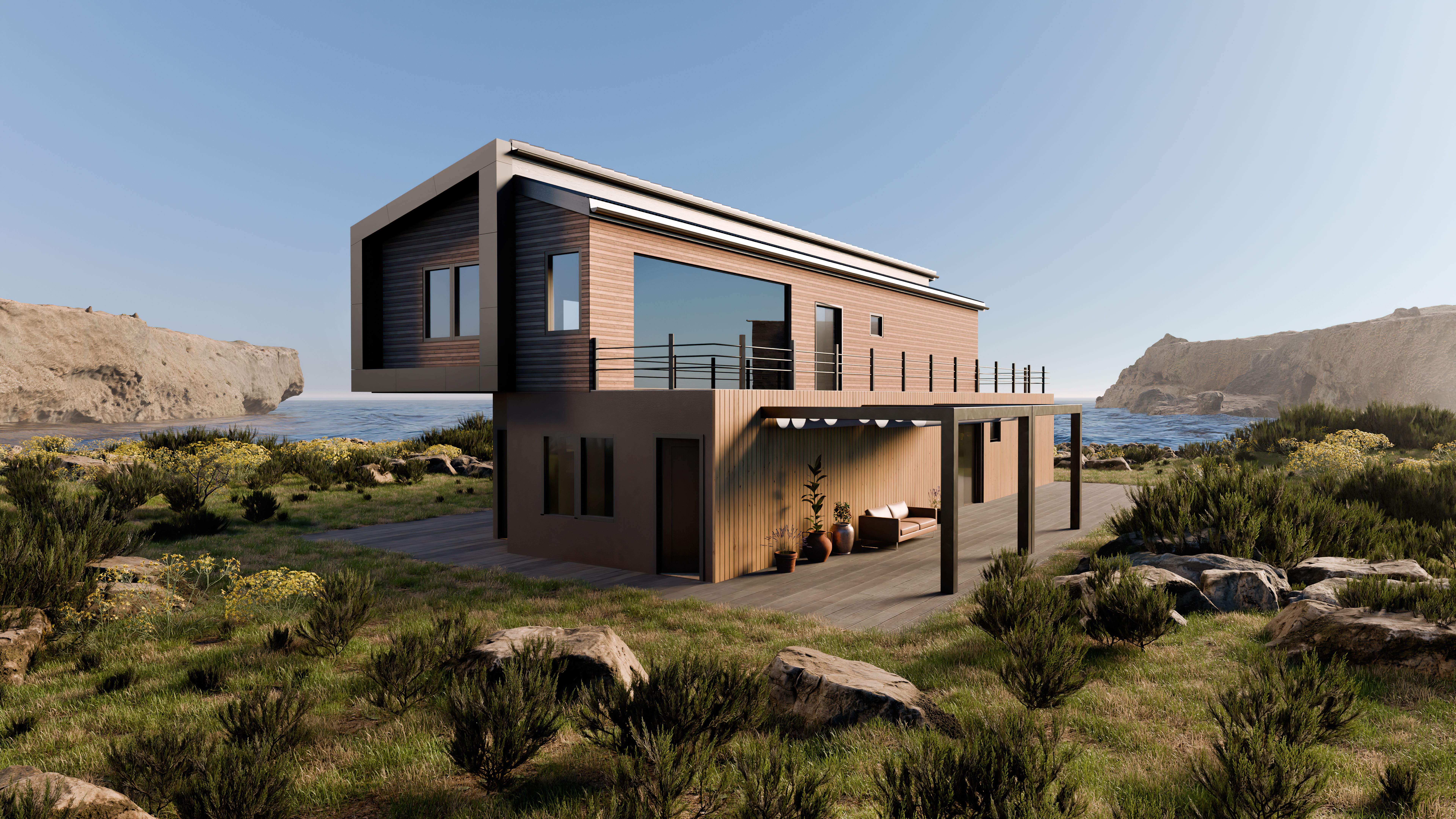 3D illustration of a Scandinavian style house next to the coast