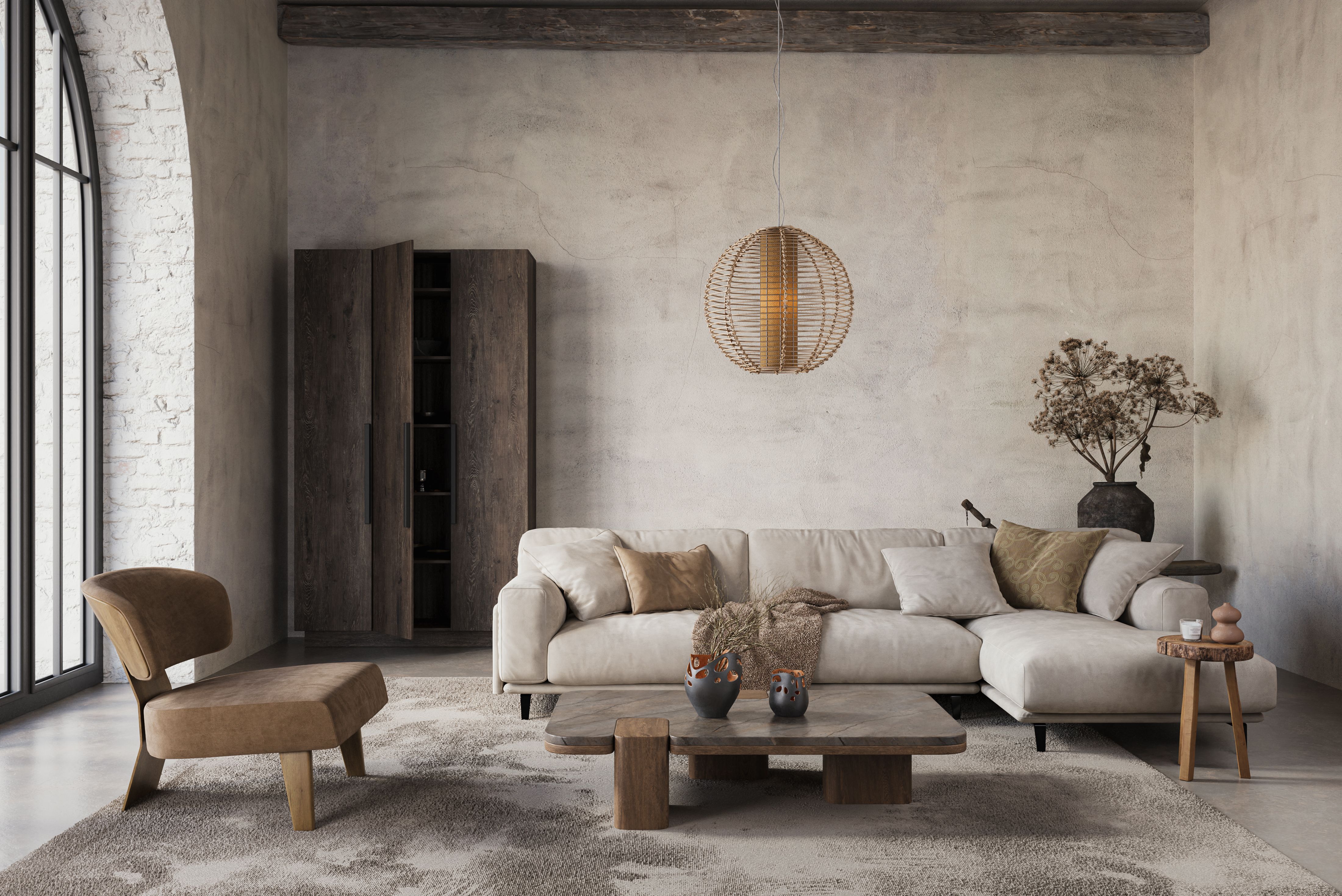 Modern and cozy interior in neutral tones with natural elements like dried plants, concrete wall and old wooden furniture. Rustic interior, 3d render