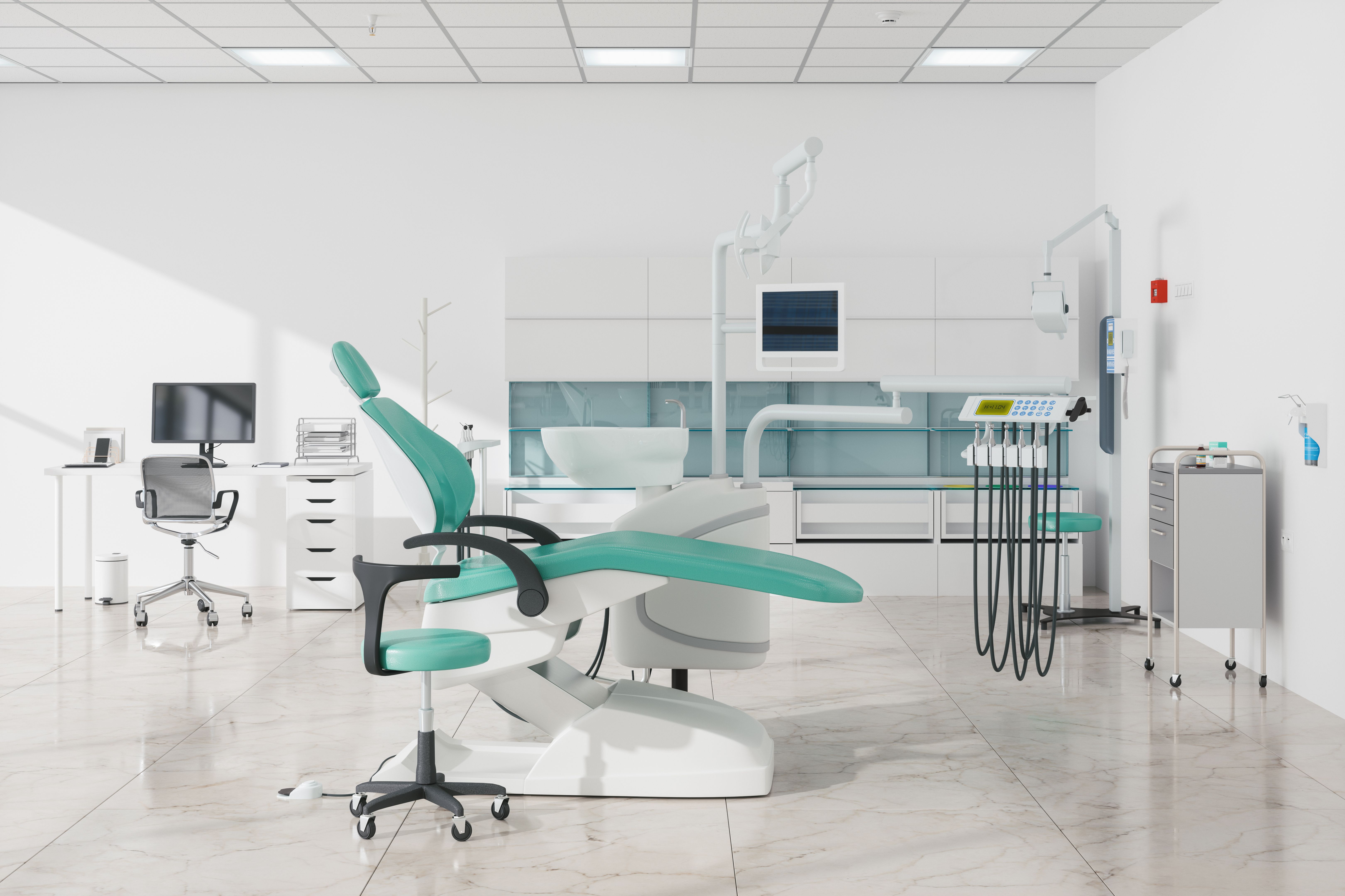 Modern Dental Office Interior With Dentist Chair, Dental Tools, Computer And White Cabinet