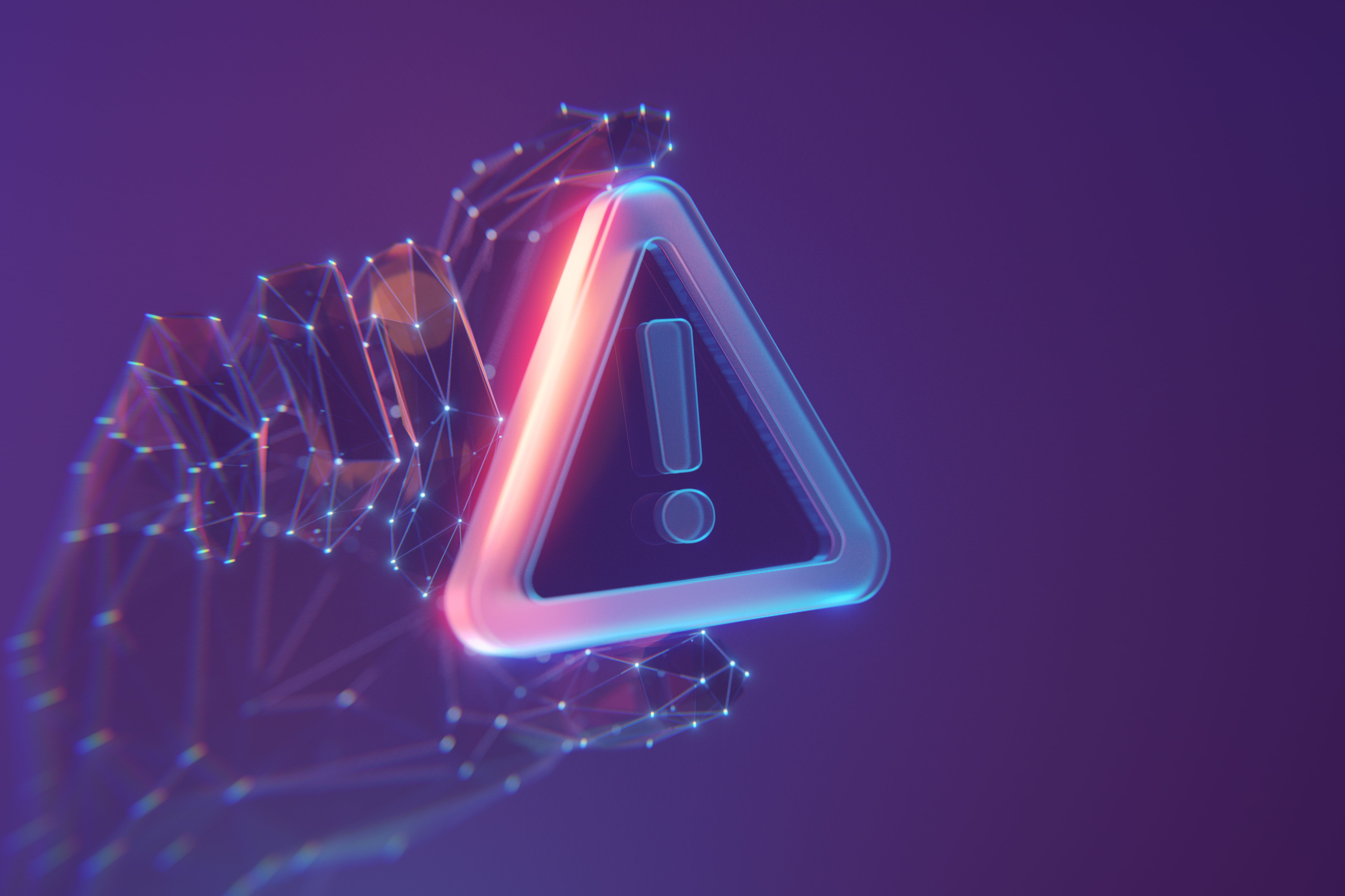 Warning, attention symbol with exclamation mark in the triangle in the abstract human hand made with atom array and plexus effect