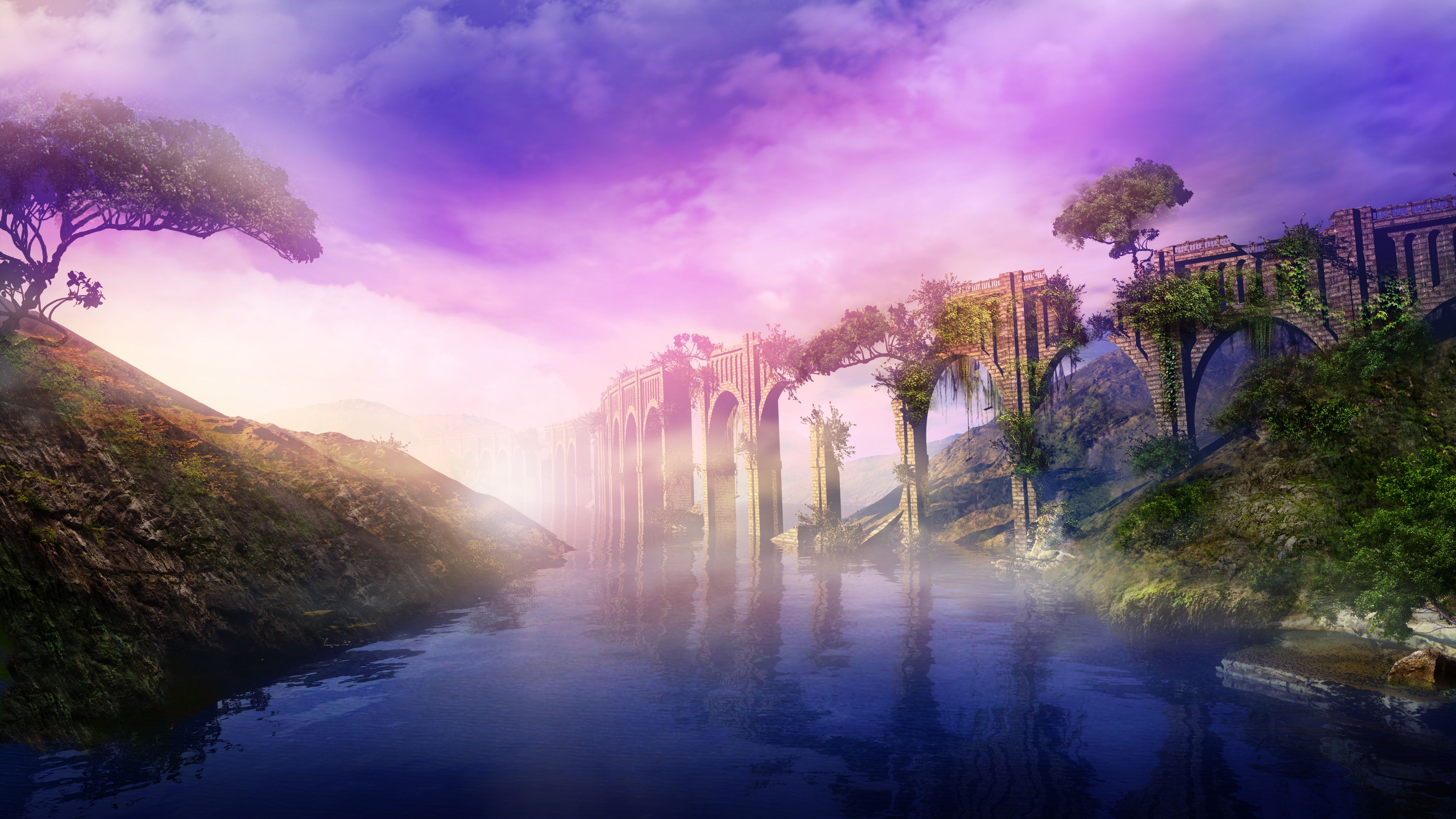 Fantastic landscape with ancient aqueduct and river, 3D render.