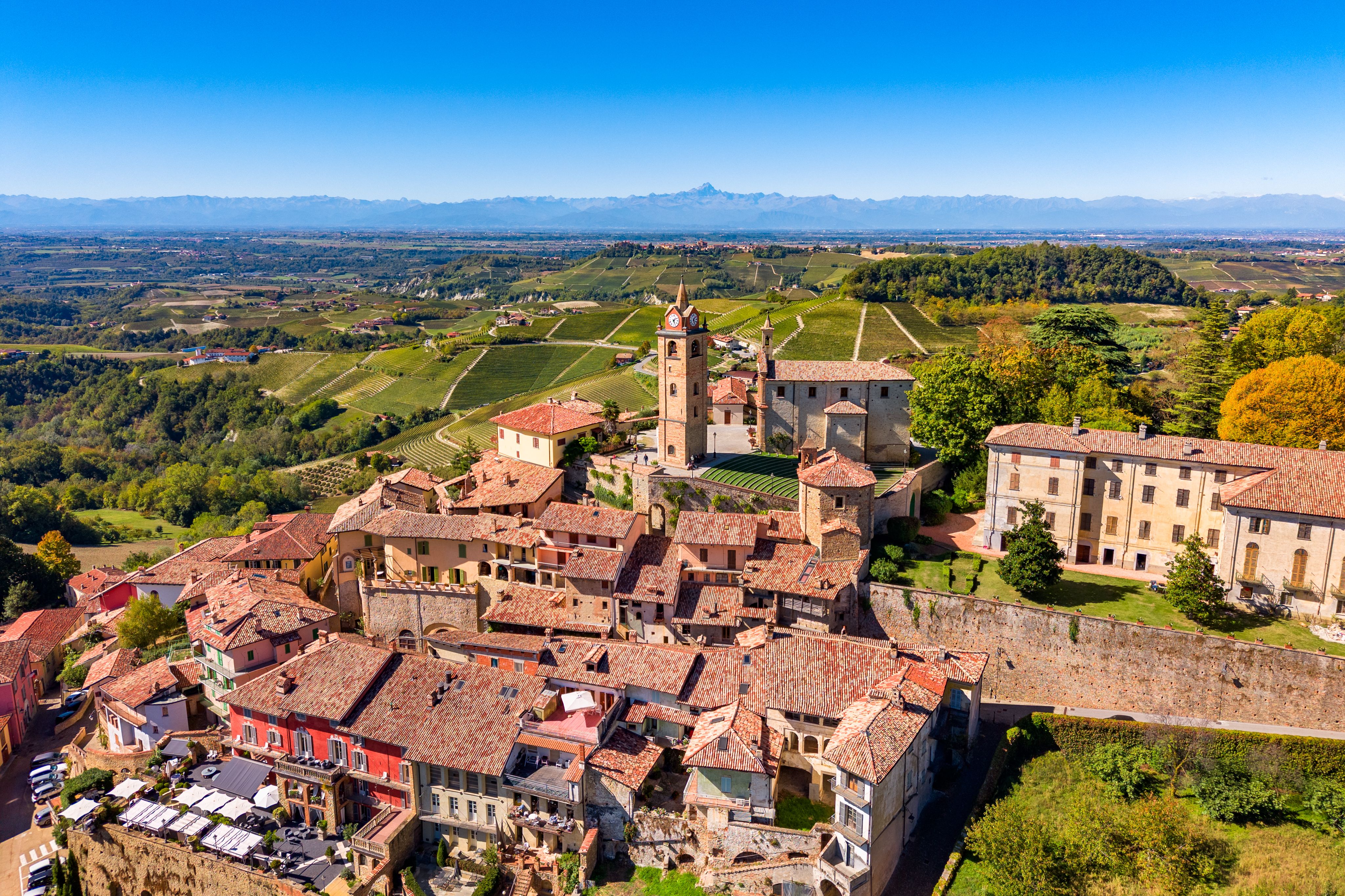 Monforte d'Alba, Italian medieval town from drone, Langhe, Piedmont