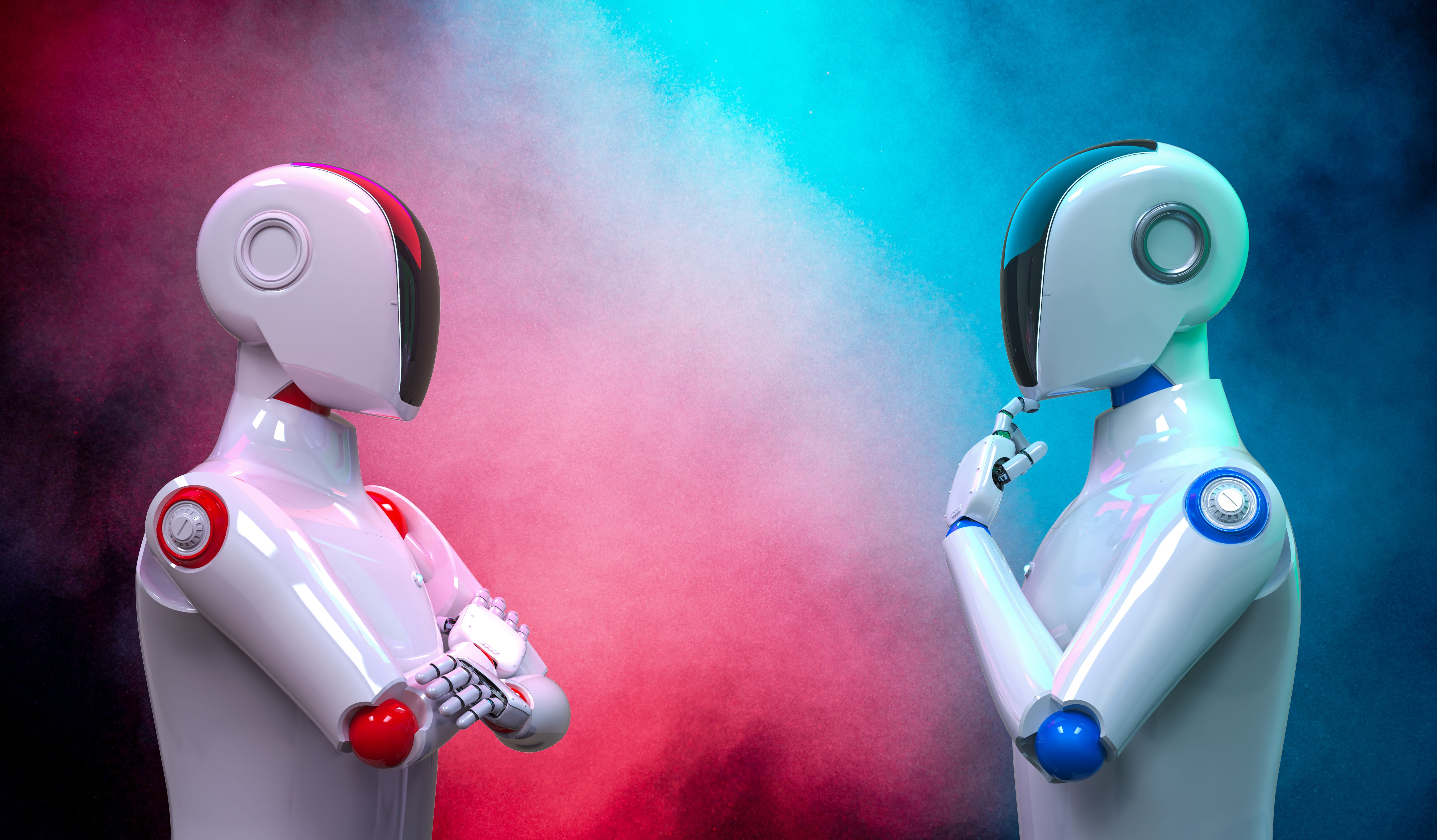 Technology confrontation concept with red and blue cyborg confront Technology confrontation concept with red and blue cyborg confront