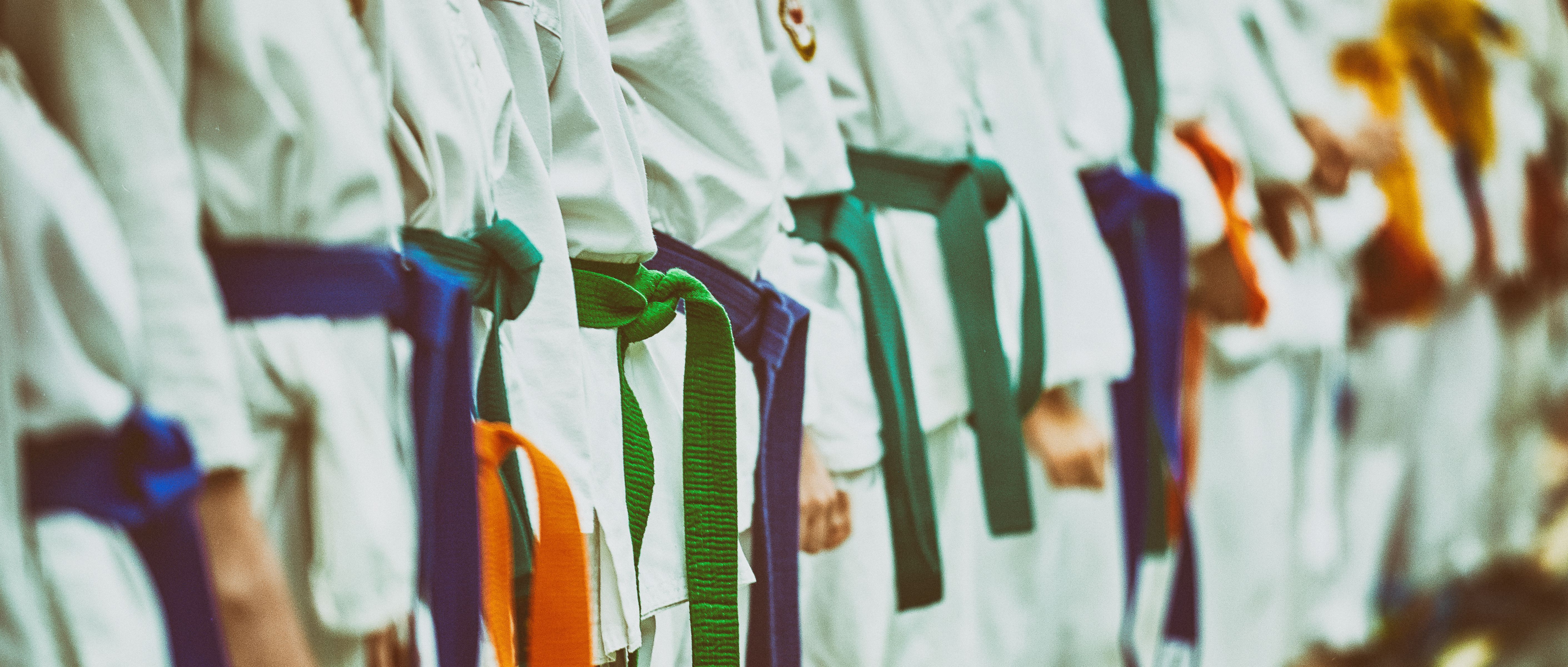 Concept karate, martial arts. Construction of students in the hall before training. Kimono, different belts, different levels of training Concept karate, martial arts. Construction of students in the hall before training. Kimono, different belts, different levels of training