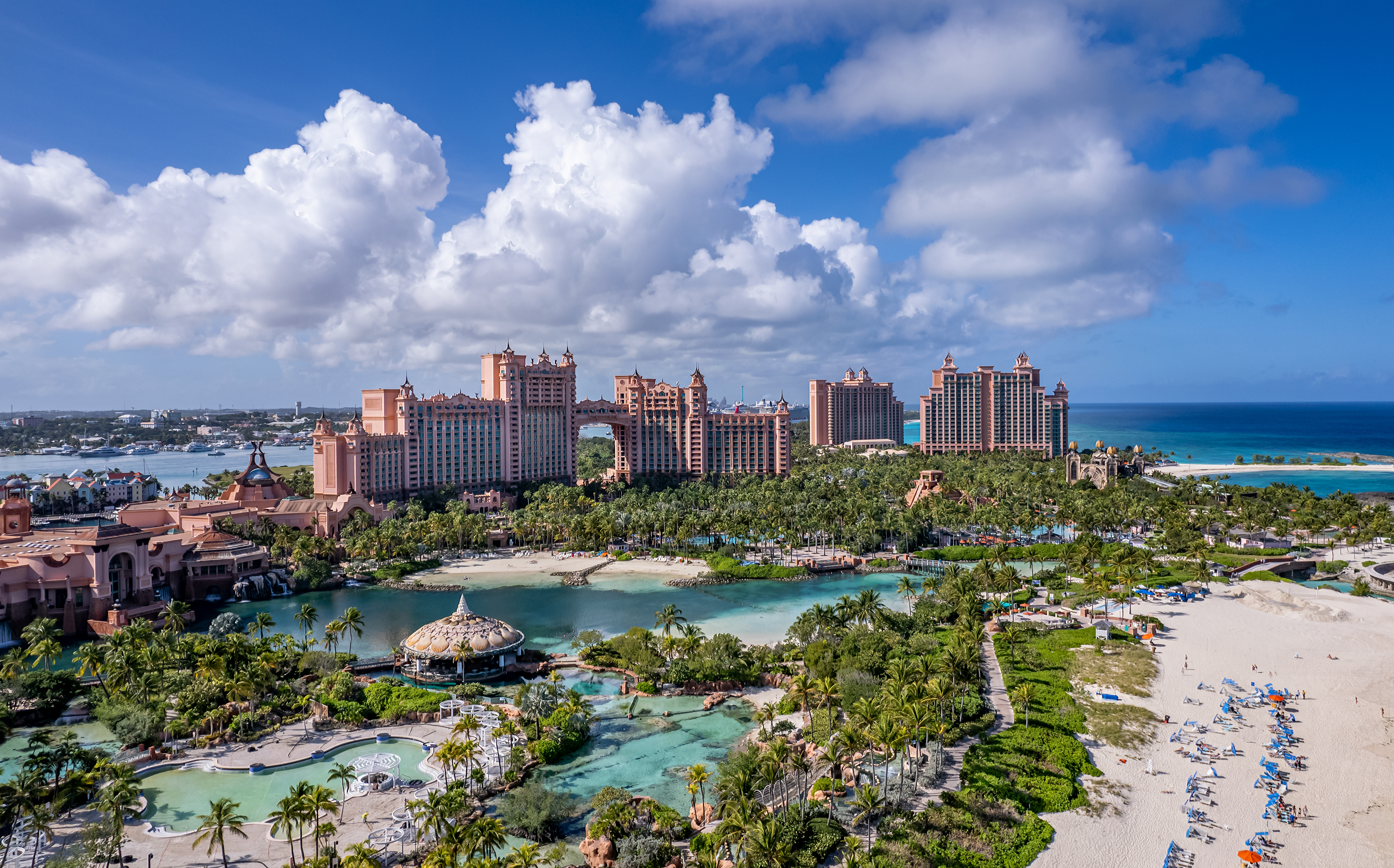 The drone aerial view of Atlantis hotel at Paradise Island, Nassau.