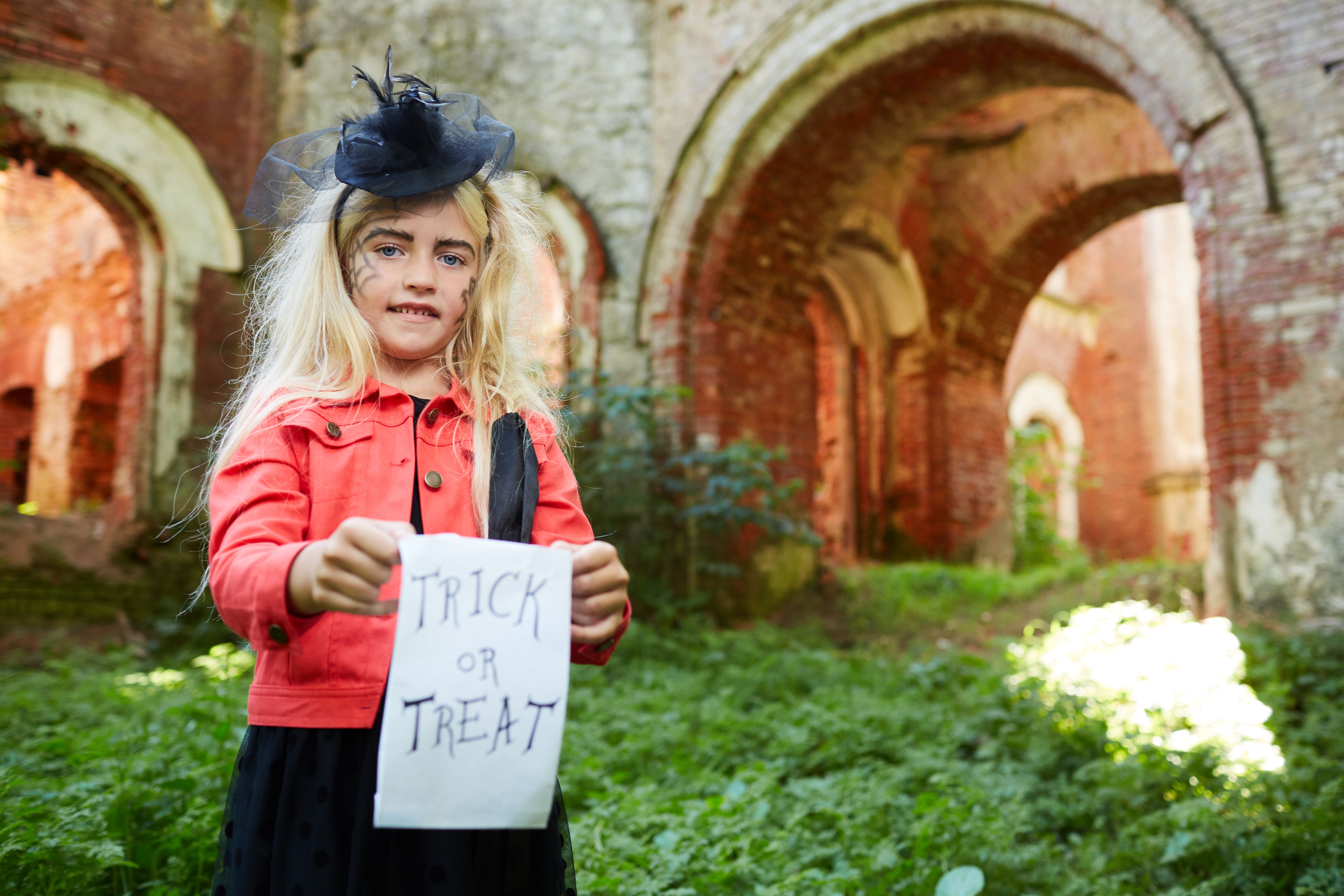 Girl holding Trick or Treat Banner Girl holding Trick or Treat Banner