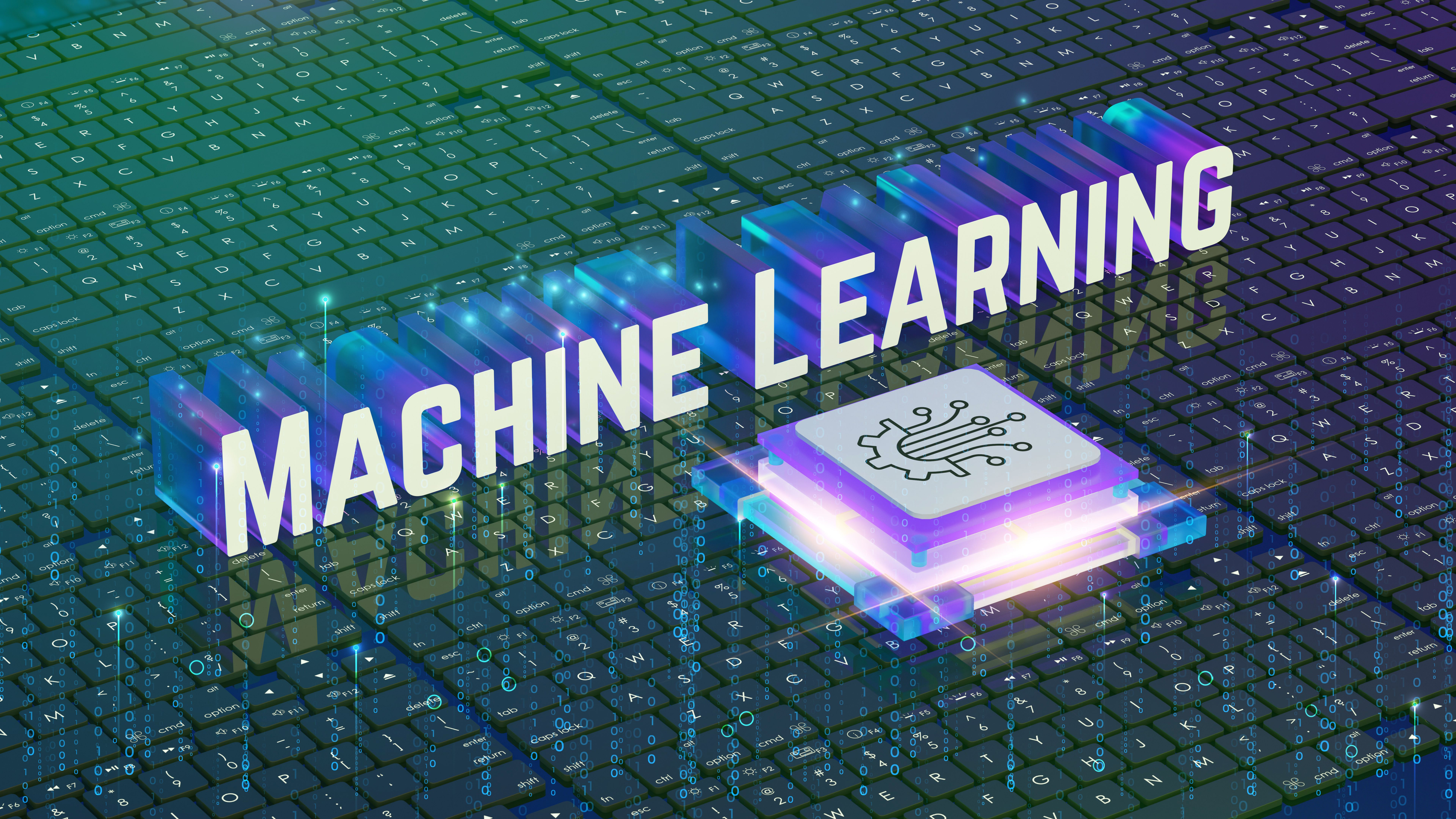 Machine learning, glowing text, circuit board background, neon hues, holographic display, AI chip icon, cyberpunk aesthetic, data visualization, blue-purple gradient, high-tech concept, digital transformation, artificial intelligence, 3D render. Machine learning, glowing text, circuit board background, neon hues, holographic display, AI chip icon, cyberpunk aesthetic, data visualization, blue-purple gradient, high-tech concept, digital transformation, artificial intelligence, 3D render.